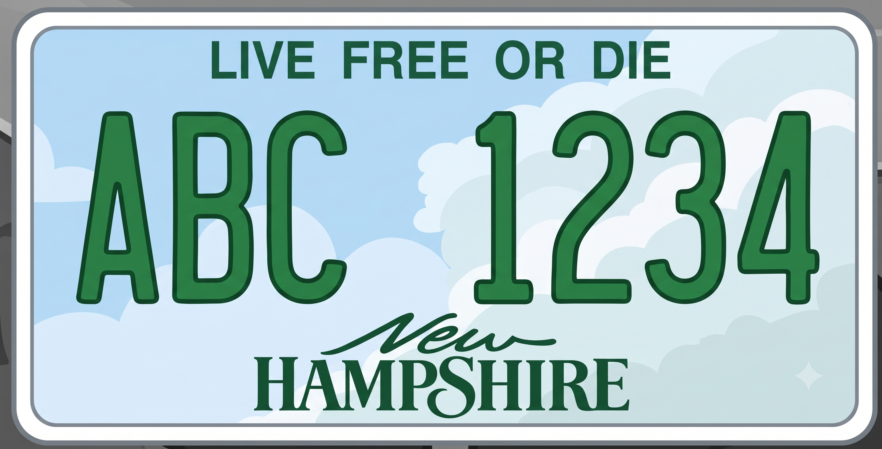 New Hampshire current license plate: light sky blue background with subtle soft white cloud shapes across the plate, LIVE FREE OR DIE in dark forest green at the top, large bold dark green registration characters ABC 1234 in the center, and New Hampshire in two-line green text at the bottom with New in cursive script and HAMPSHIRE in bold serif capitals