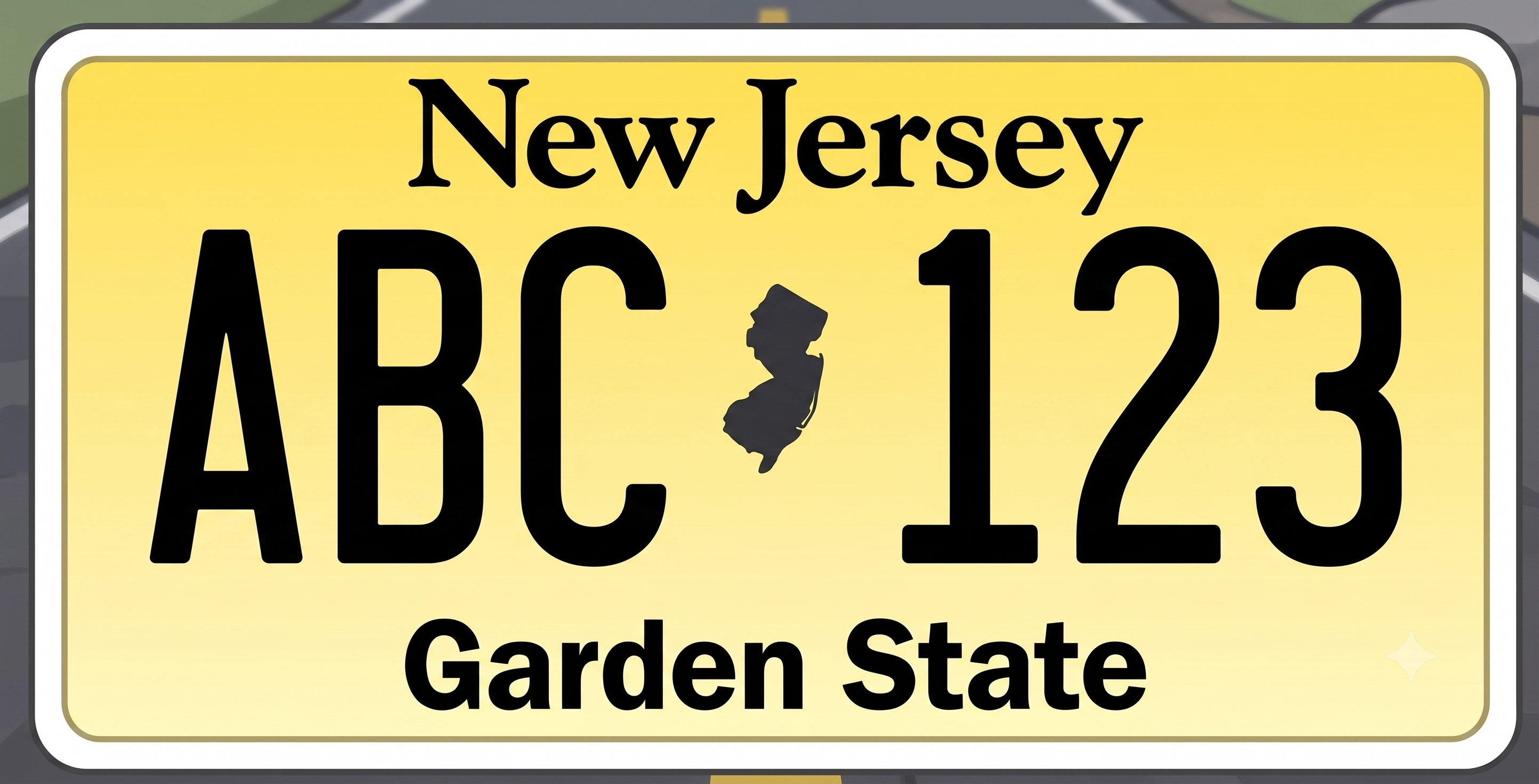 New Jersey current license plate: bright yellow gradient background, New Jersey in black serif lettering at the top, large bold black registration characters ABC 123 in the center separated by a small dark gray silhouette of the state of New Jersey, and Garden State in bold black text at the bottom