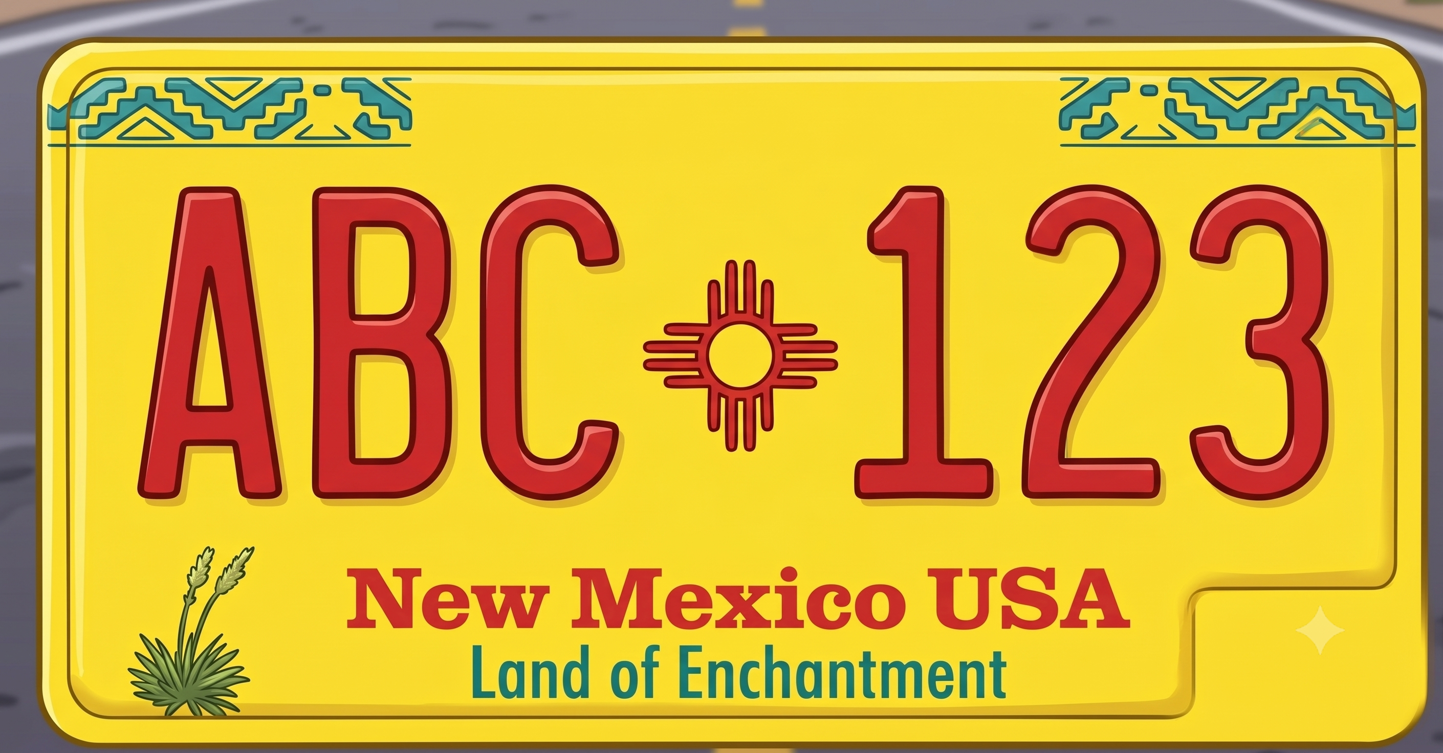 New Mexico current standard license plate: bright yellow background with a teal and gold Native American geometric border pattern across the top corners, large bold red registration characters ABC 123 in the center split by a small red Zia sun symbol, a yucca plant illustration in the lower left corner, and New Mexico USA in red above Land of Enchantment in teal at the bottom