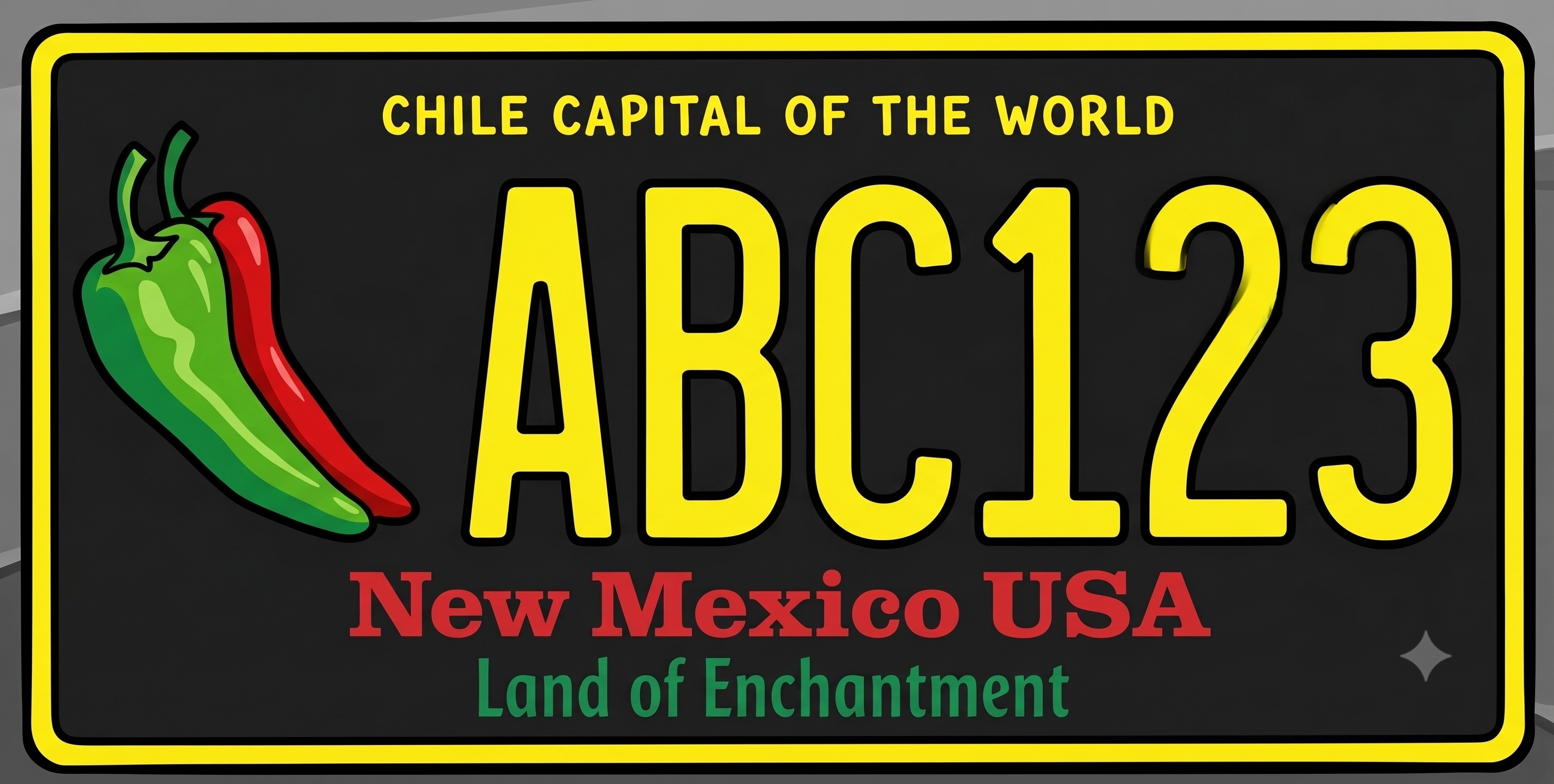 New Mexico Chile Capital of the World specialty license plate: black background with a bold yellow border, Chile Capital of the World in yellow at the top, large bright yellow registration characters ABC 123 in the center, a large illustration of green and red Hatch chile peppers on the left side, and New Mexico USA in red above Land of Enchantment in green at the bottom