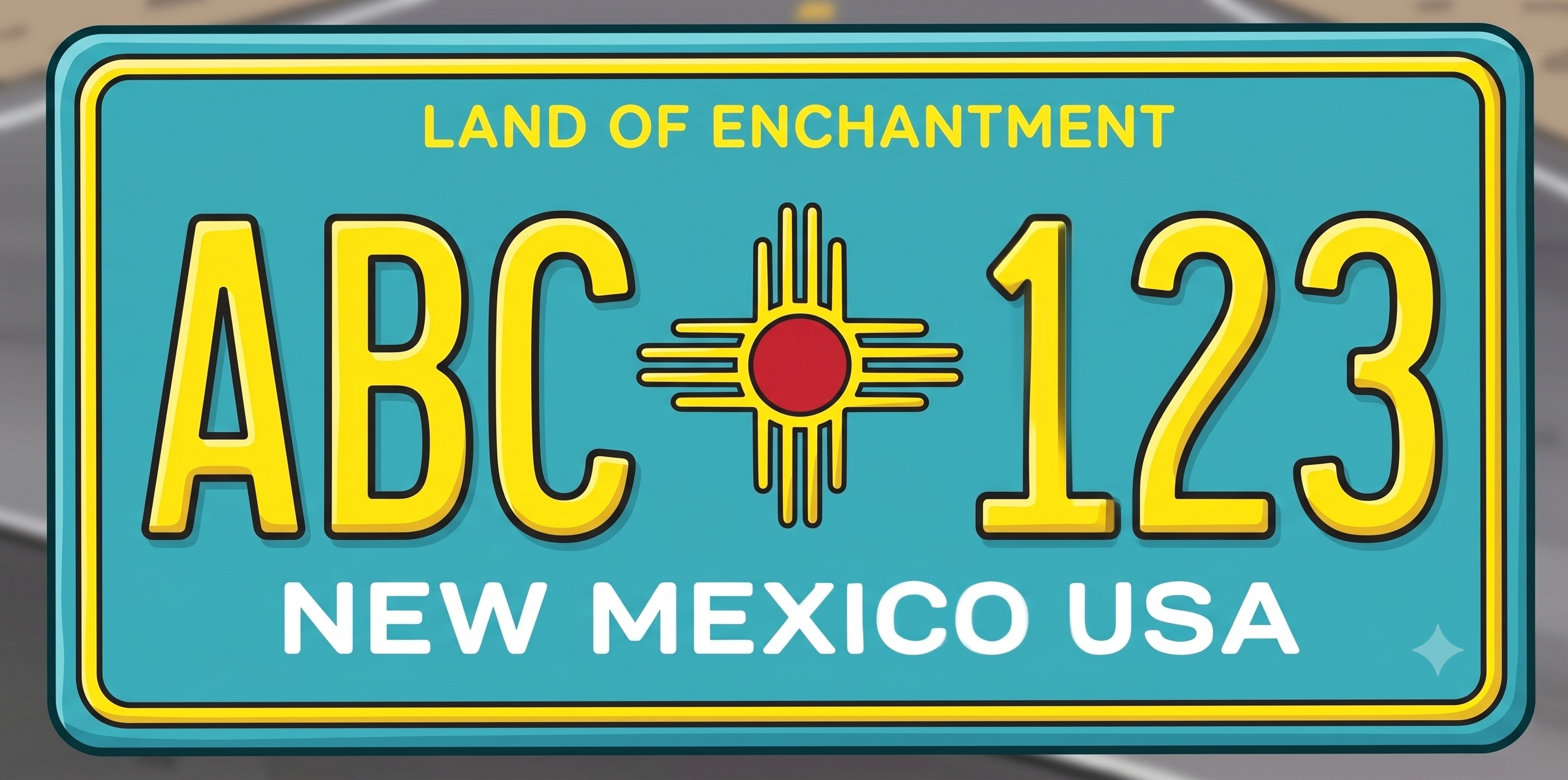 New Mexico turquoise Zia specialty license plate: turquoise teal background with a yellow border, Land of Enchantment in yellow at the top, large bold yellow registration characters ABC 123 in the center split by a yellow Zia sun symbol with a red center dot, and New Mexico USA in white at the bottom