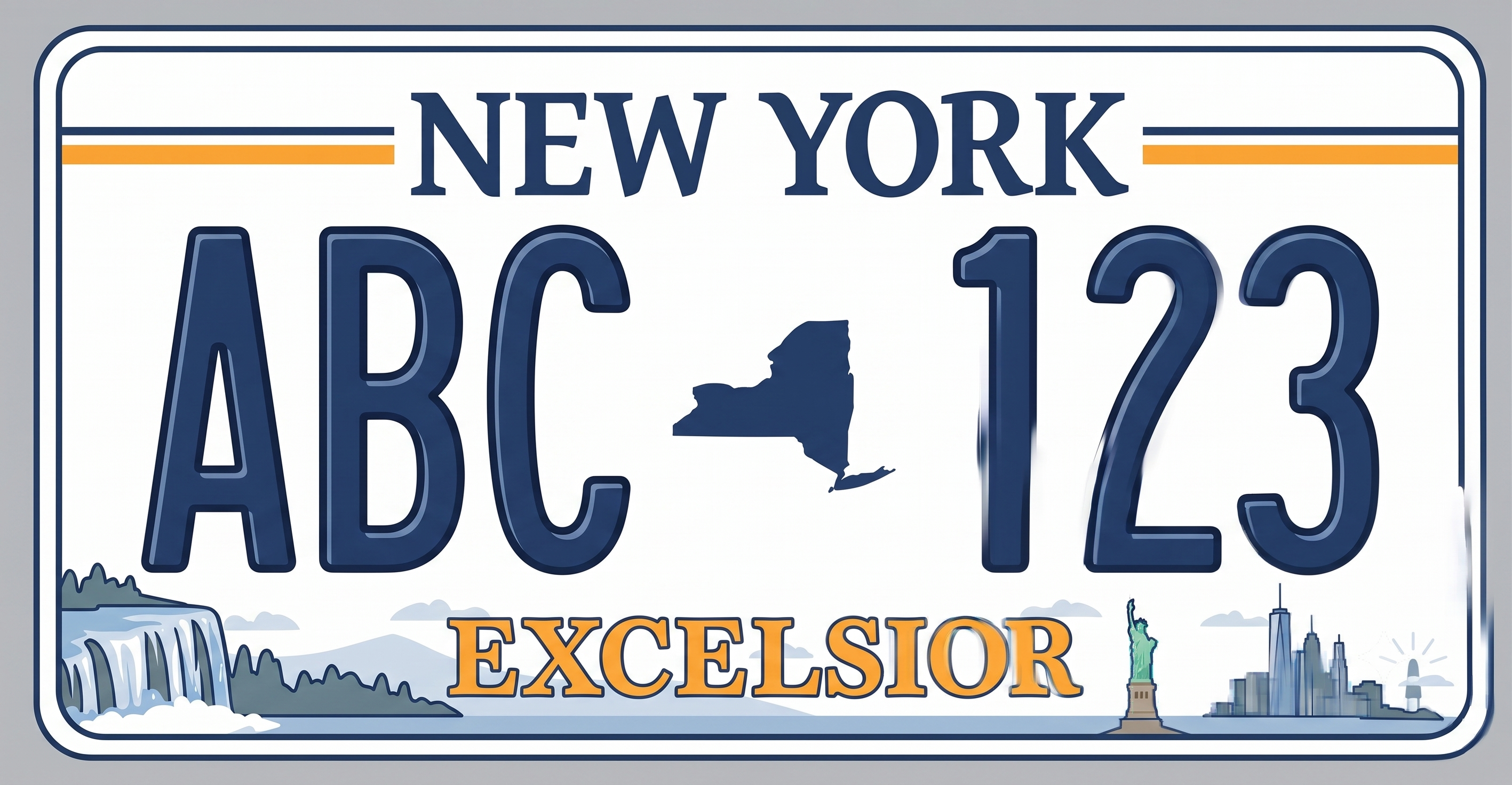 New York Excelsior license plate: white background with a navy blue border, NEW YORK in bold navy lettering at the top flanked by gold accent stripes, large bold dark navy registration characters ABC 123 separated by a small navy state outline silhouette, and a bottom strip showing Niagara Falls on the left and the Statue of Liberty with the New York City skyline on the right, with EXCELSIOR in gold text across the lower portion