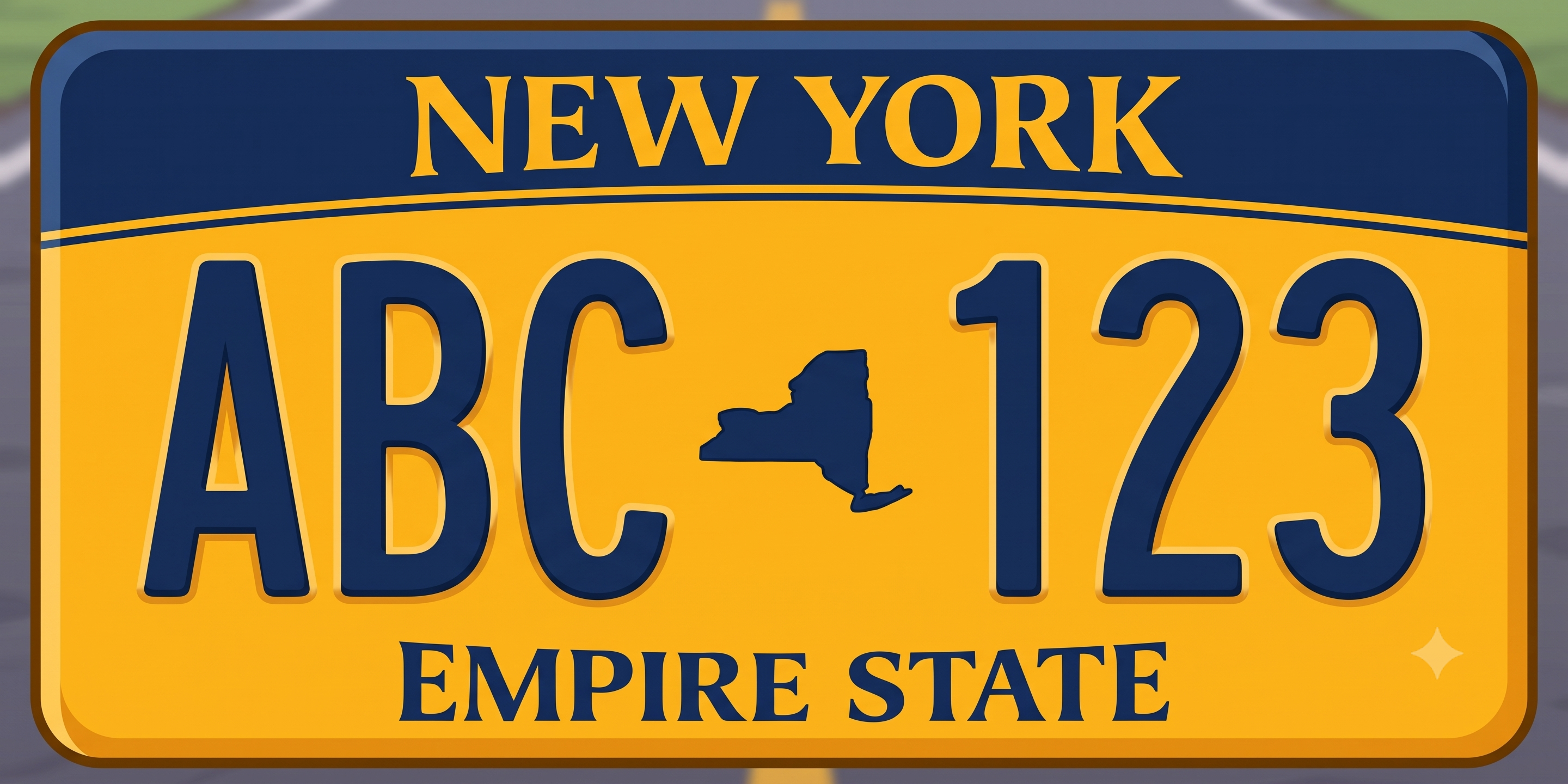 New York Empire State Gold license plate: vivid gold and amber background with a rounded navy blue border, NEW YORK in gold lettering on a navy arched banner at the top, large bold dark navy registration characters ABC 123 with a small navy state outline in the center, and EMPIRE STATE in navy text at the bottom