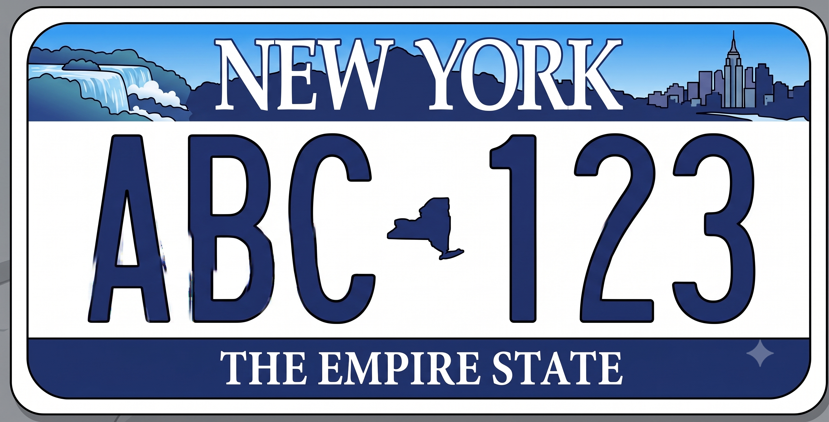 New York Empire State Scenic Blue license plate: white background with a blue border, a blue panoramic header band across the top showing Niagara Falls on the left and the New York City skyline including the Empire State Building on the right, with NEW YORK in white text centered in the blue band, large bold dark navy registration characters ABC 123 with a small navy state outline in the center, and THE EMPIRE STATE in white text on a blue bottom banner