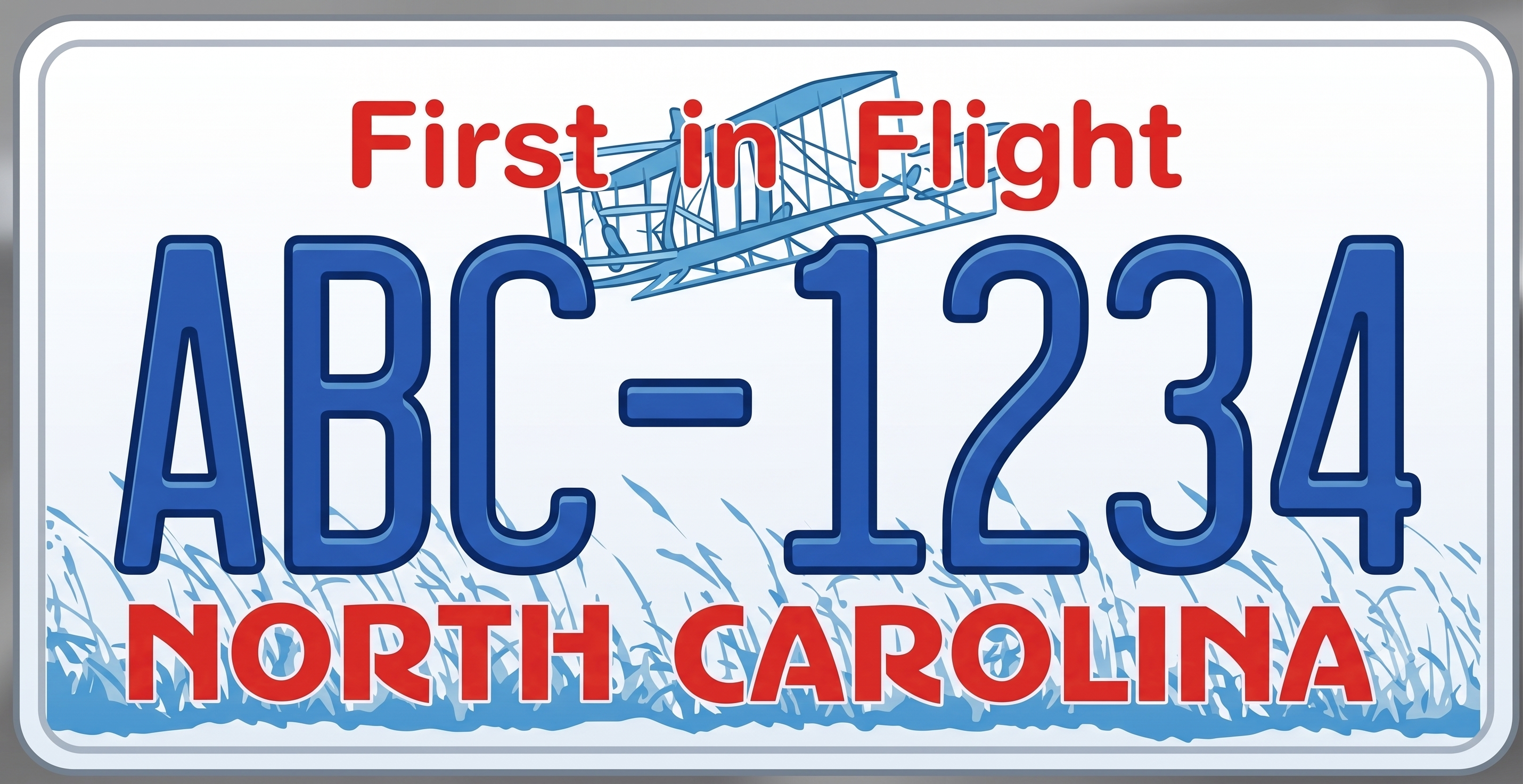 North Carolina First in Flight license plate: white background with a light blue lower band of stylized coastal grass, red script First in Flight at the top overlapping a blue illustration of the Wright Brothers biplane, large bold blue registration characters ABC-1234 in the center, and NORTH CAROLINA in bold red across the bottom