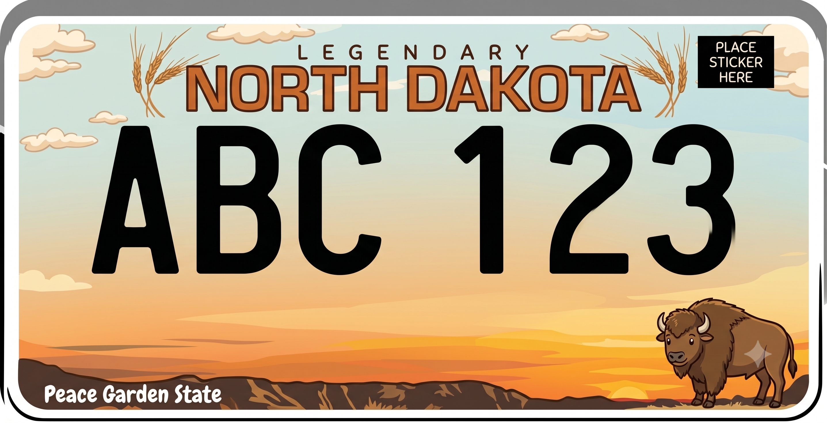 North Dakota Legendary standard license plate: gradient sky background fading from light blue at top to warm orange sunset at the bottom, white clouds floating on the left, wheat stalks decorating the upper corners, Legendary in small spaced white text at the top, North Dakota in large bold orange letters below it, ABC 123 in oversized black characters across the center, rolling badlands terrain silhouette at the bottom, a bison standing in the lower right corner, and Peace Garden State in white script at the lower left