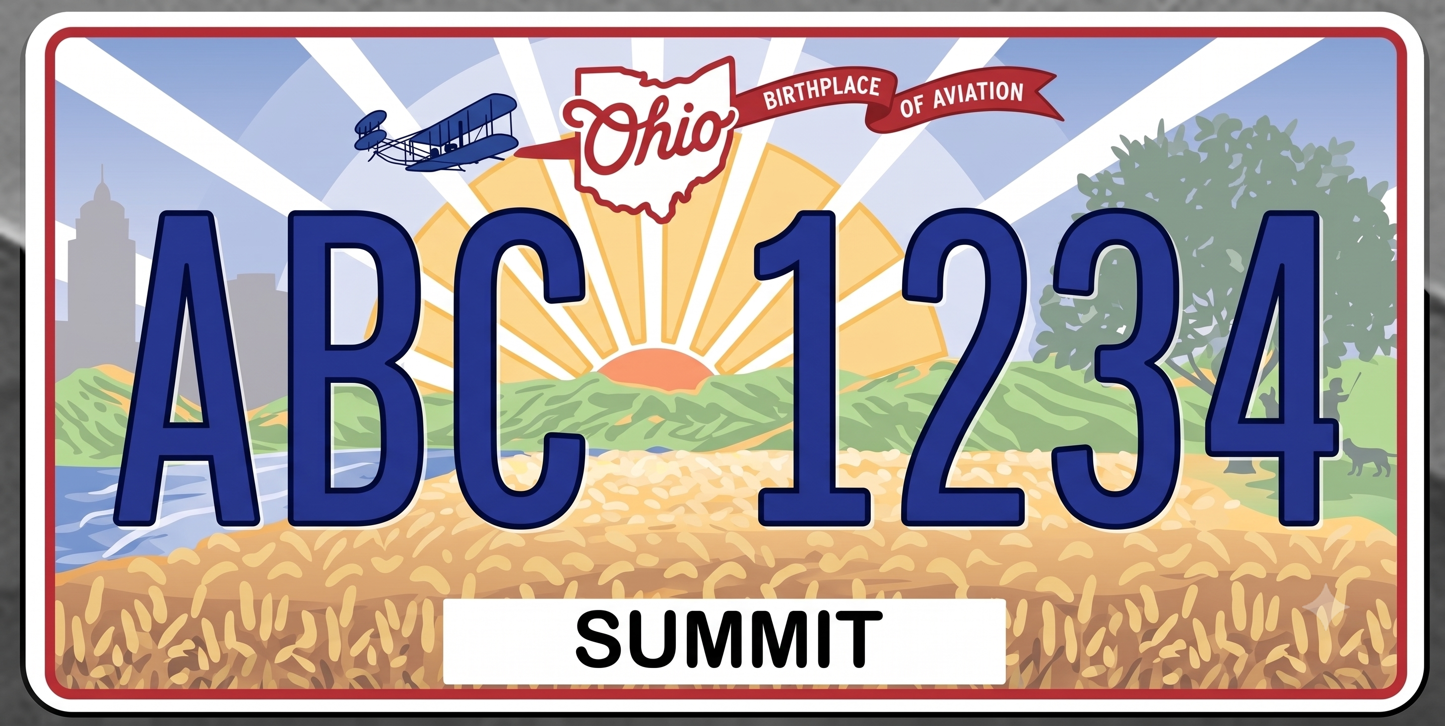 Ohio Birthplace of Aviation scenic license plate: light blue sky with white sunrays, a blue Wright Brothers biplane at upper left, Ohio state outline in white with red Ohio script and a red Birthplace of Aviation ribbon banner at the top center, a colorful landscape of golden wheat fields, rolling green hills, a city skyline at left, trees and a figure on horseback at right, a river at lower left, and an orange sunrise at center, with large bold navy registration characters ABC 1234 in the middle and a white county name bar at the bottom reading SUMMIT