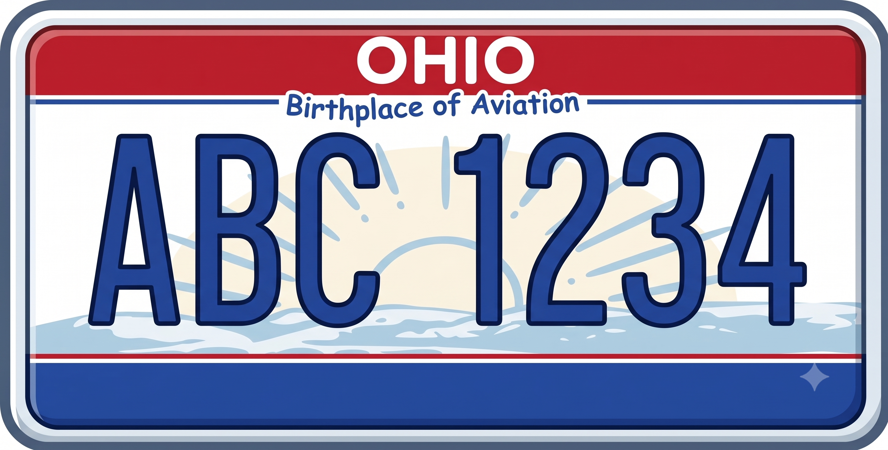 Ohio Birthplace of Aviation classic license plate: white background with a solid red bar across the top showing OHIO in large white capital letters, Birthplace of Aviation in blue italic script just below the red bar, a faint watercolor sunrise and lake wave scene in the background, large bold navy registration characters ABC 1234 dominating the center, and a thin red stripe above a solid blue bar at the very bottom