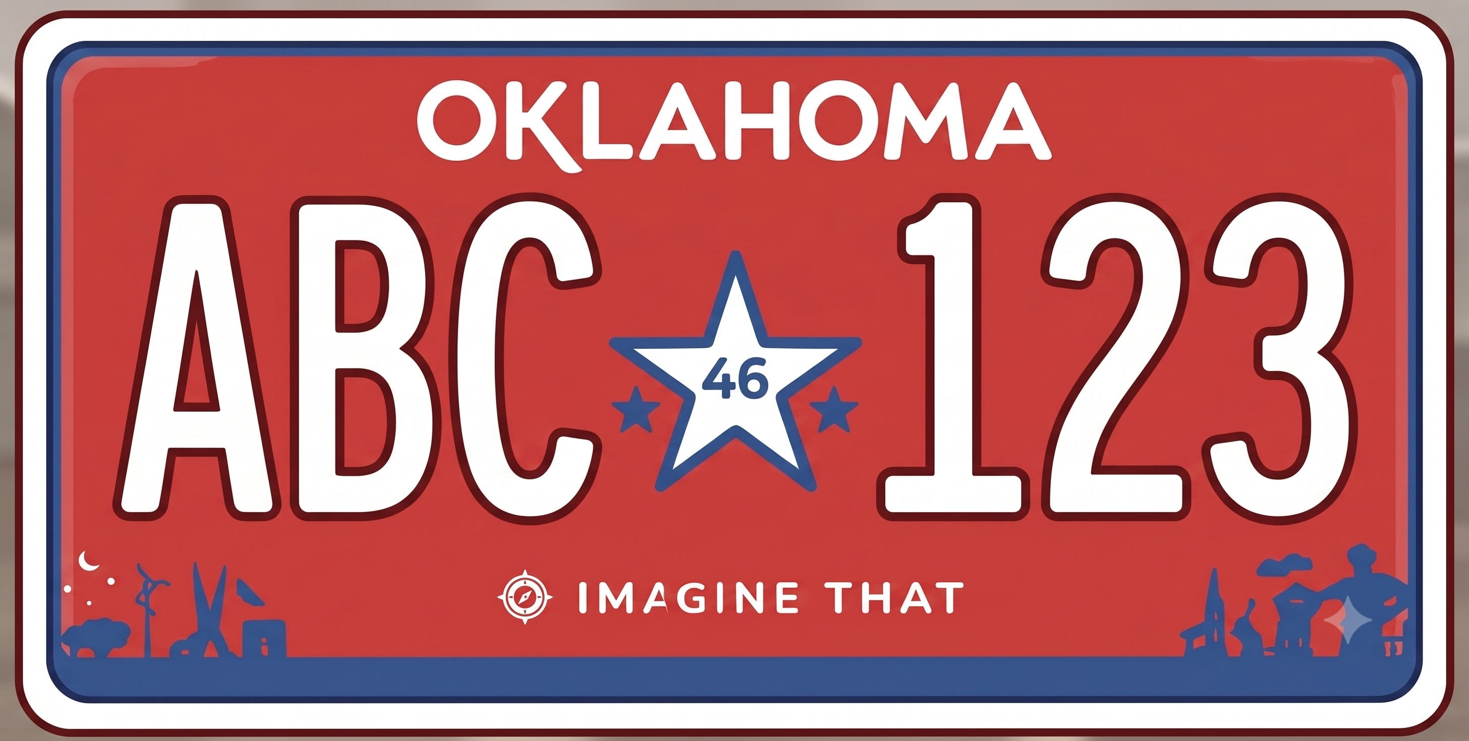Oklahoma Imagine That license plate: bold red background with a white-edged blue border, white OKLAHOMA text at the top, large white registration characters ABC and 123 with dark red outlines divided by a large blue five-pointed star bearing the number 46 inside and flanked by two small blue stars, and at the bottom corners blue silhouette illustrations of Oklahoma scenes including oil derricks and bison with a compass rose icon and IMAGINE THAT text in white at the center bottom