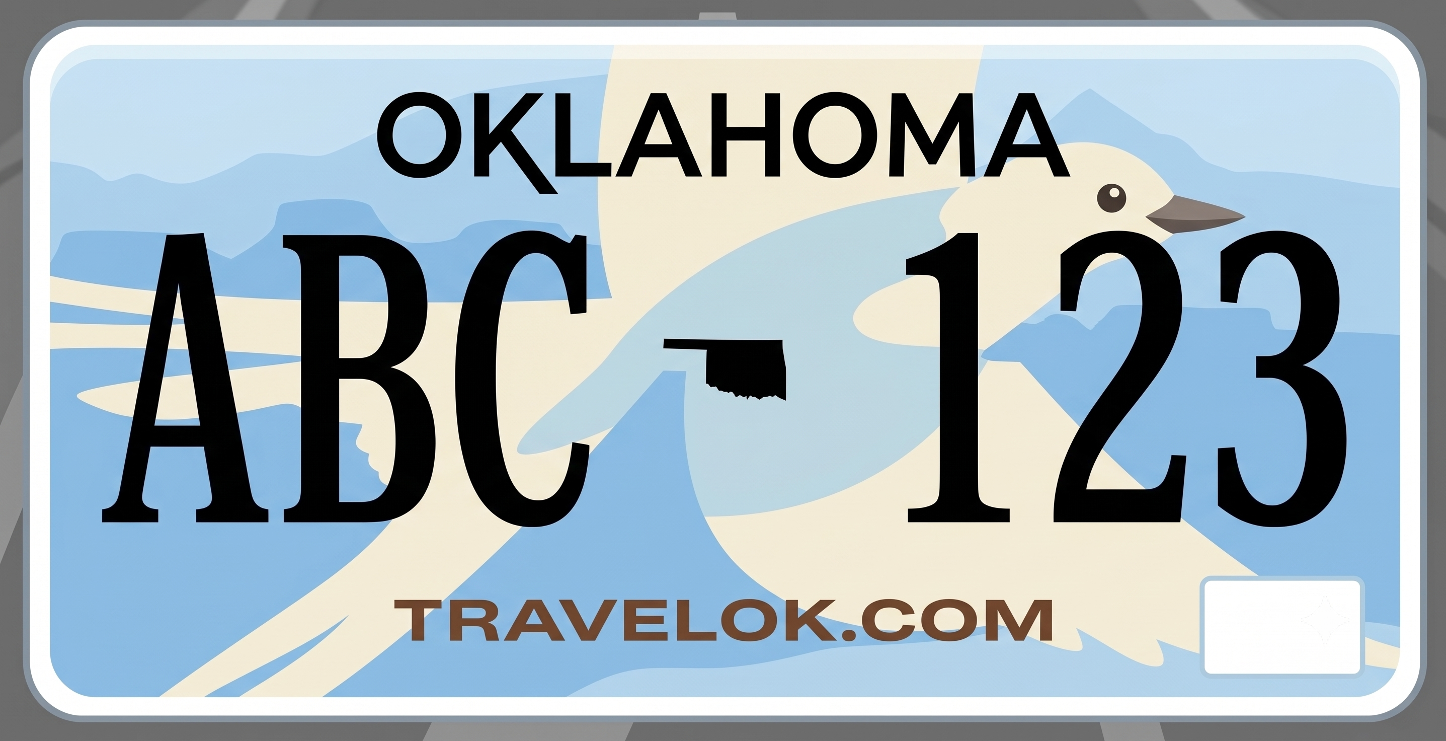 Oklahoma TravelOK license plate: light blue background with layered blue mesa and sky landscape shapes, black OKLAHOMA text at the top, a large illustrated scissor-tailed flycatcher in cream and pale blue spanning the center with the silhouette of Oklahoma's state outline in dark blue on its body, large bold black registration characters ABC 123 flanking the bird, and TRAVELOK.COM in brown at the bottom