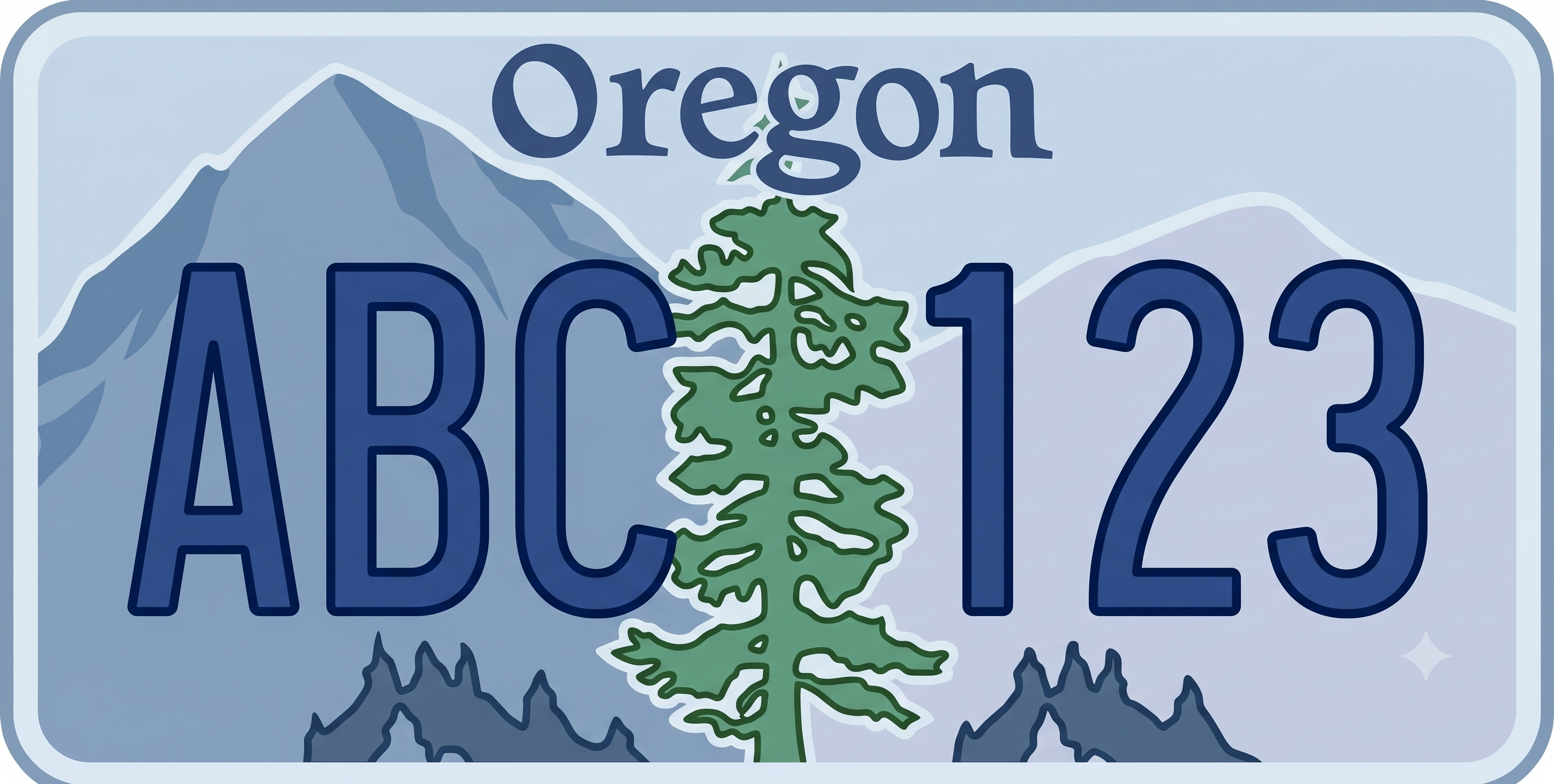 Oregon current standard license plate: steel blue background with rounded border, Oregon in dark navy blue script lettering at the top center, a tall illustrated green Douglas fir tree with white outline in the center flanked by large dark navy blue registration characters ABC on the left and 123 on the right, blue-grey layered mountain silhouettes behind the tree, and smaller dark rocky mountain silhouettes along the bottom edge
