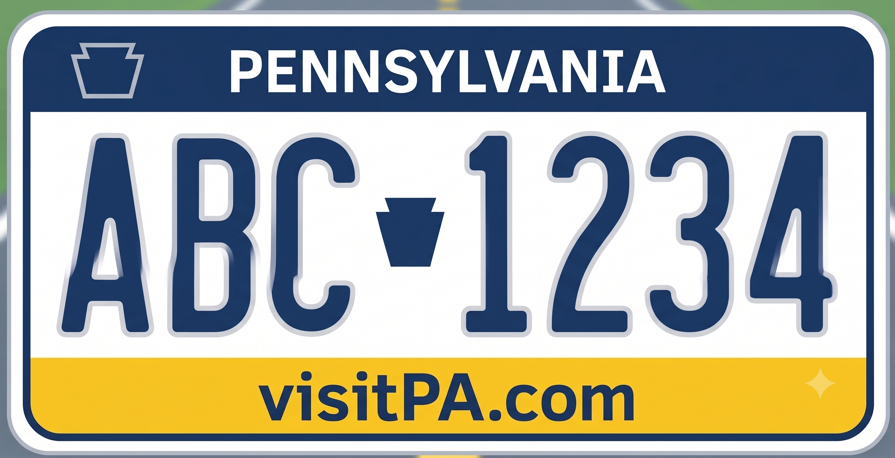 Pennsylvania visitPA.com license plate: solid dark navy blue bar across the top with PENNSYLVANIA in bold white capitals centered and a white Pennsylvania keystone outline in the upper left corner, white main field with large navy blue registration characters ABC 1234 separated by a small solid navy keystone icon in the middle, and a gold yellow bar across the bottom showing visitPA.com in dark navy bold text