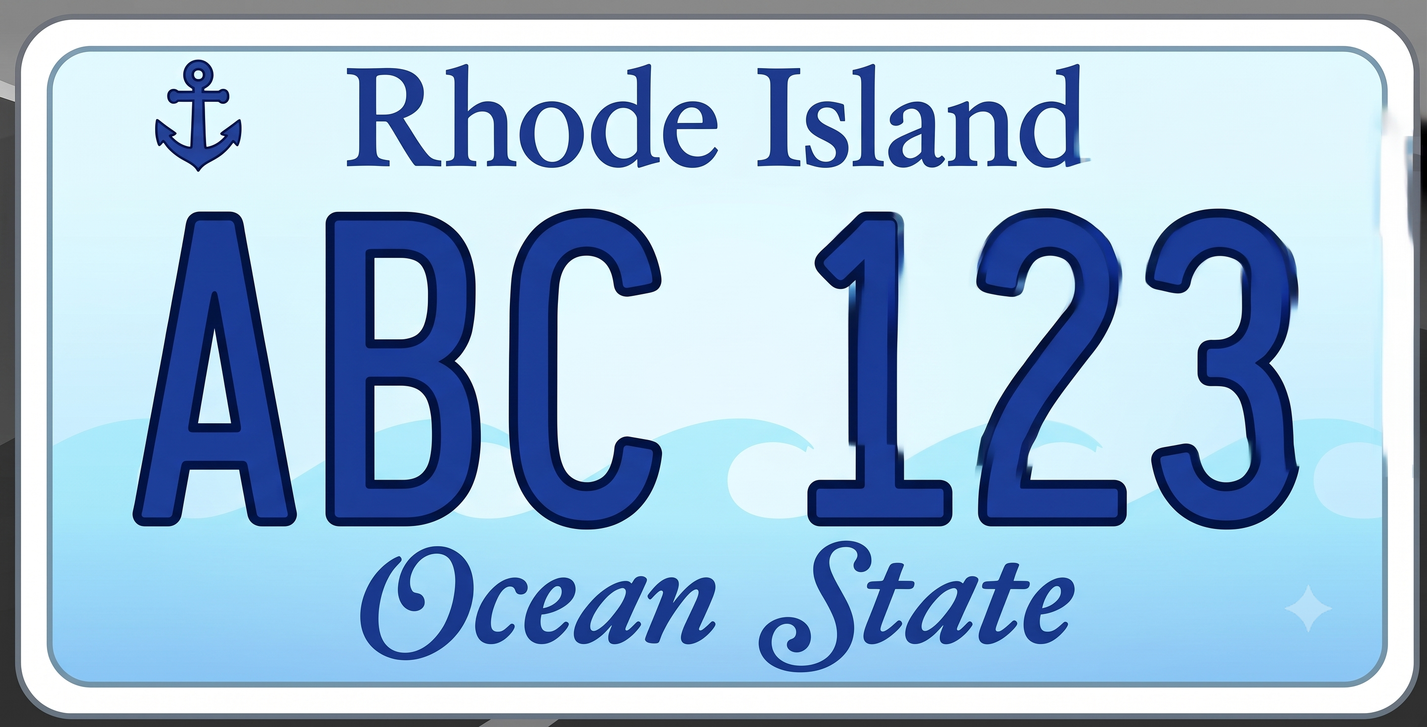 Rhode Island current license plate: light sky blue gradient background with a subtle wave pattern along the bottom, Rhode Island in dark navy blue text at the top center, a dark navy blue anchor icon in the upper left corner, bold dark navy blue registration characters ABC 123 in the center, and Ocean State in cursive script dark navy blue text at the bottom