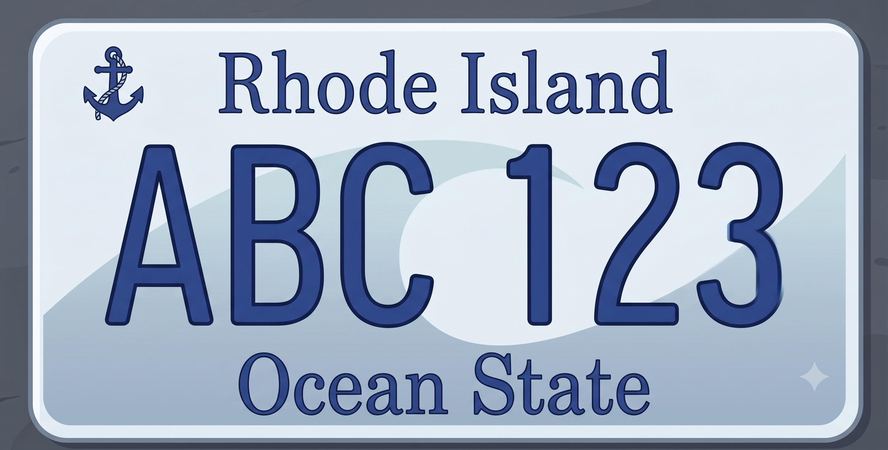 Rhode Island previous license plate: light silver-gray background with a subtle concentric wave and circular pattern, Rhode Island in dark navy blue text at the top center, a detailed navy blue rope anchor icon in the upper left corner, bold dark navy blue registration characters ABC 123 in the center, and Ocean State in dark navy blue sans-serif text at the bottom