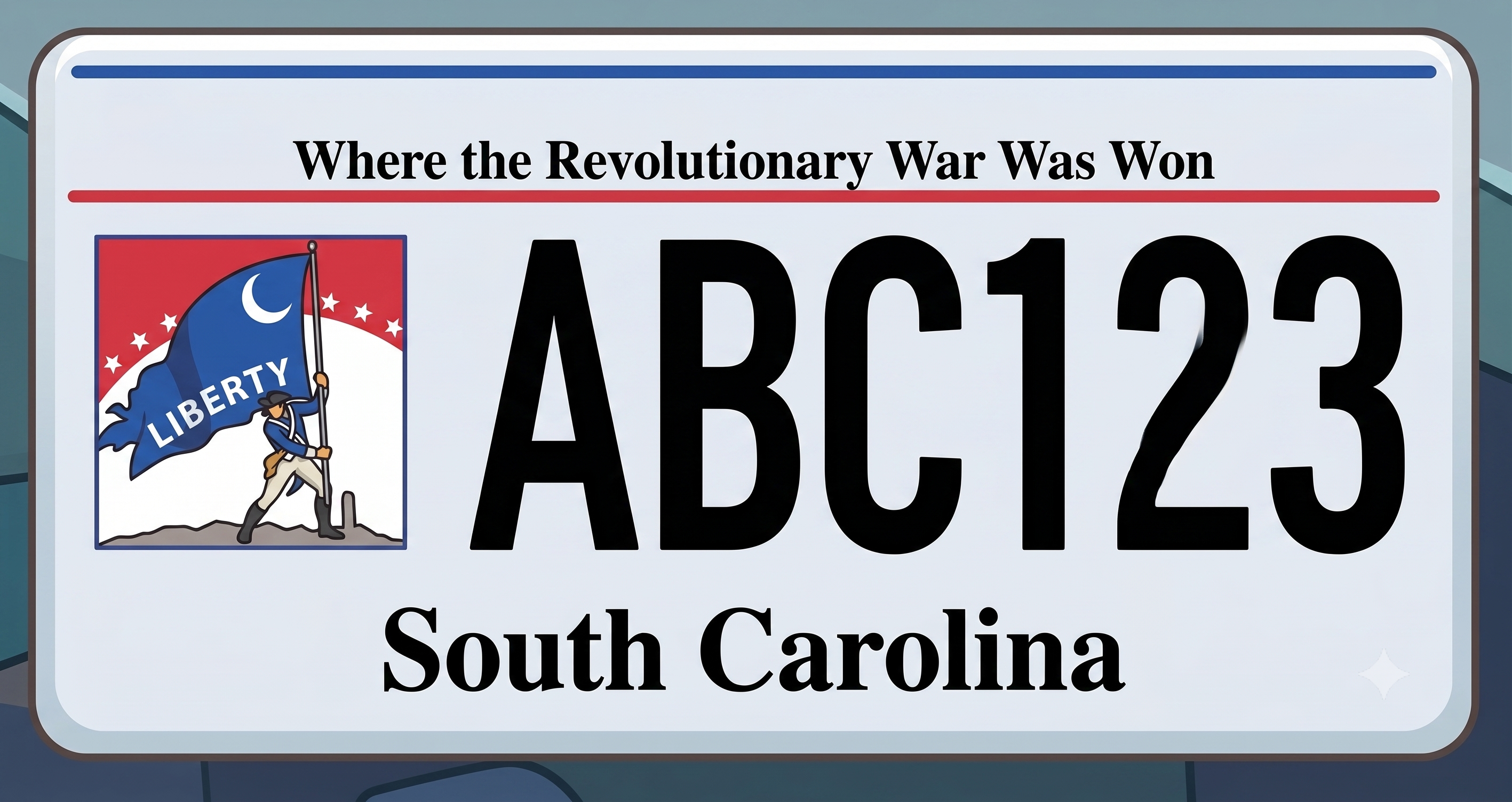 South Carolina current license plate: white background with a thin blue stripe at the very top followed by a red stripe, slogan Where the Revolutionary War Was Won in dark text across the upper portion, a square illustration on the left showing a Revolutionary War soldier in a blue coat and tricorn hat planting a blue flag bearing a crescent moon, five-pointed stars, and the word LIBERTY on a red and white background, large bold black registration characters ABC 123 in the center-right, and South Carolina in bold black text along the bottom