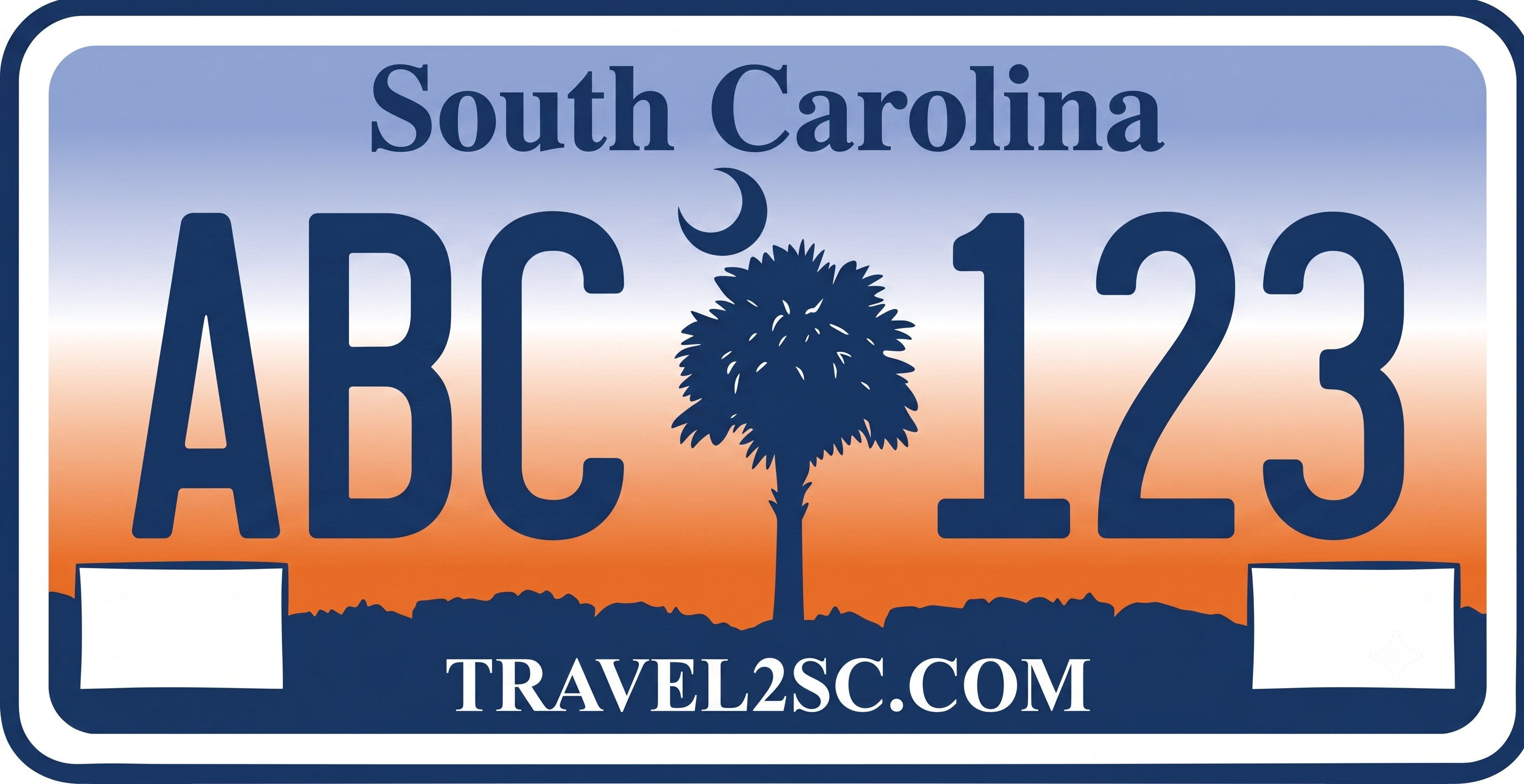 South Carolina older previous license plate: warm sunset gradient background shifting from periwinkle blue at the top through orange and peach in the middle to a dark silhouetted rocky ground at the bottom, South Carolina in dark navy text at the top, large dark navy registration characters ABC 123 flanking a central dark navy palmetto tree and crescent moon silhouette, TRAVEL2SC.COM in white text along the bottom center, and two small white rectangular sticker areas in the lower left and right corners