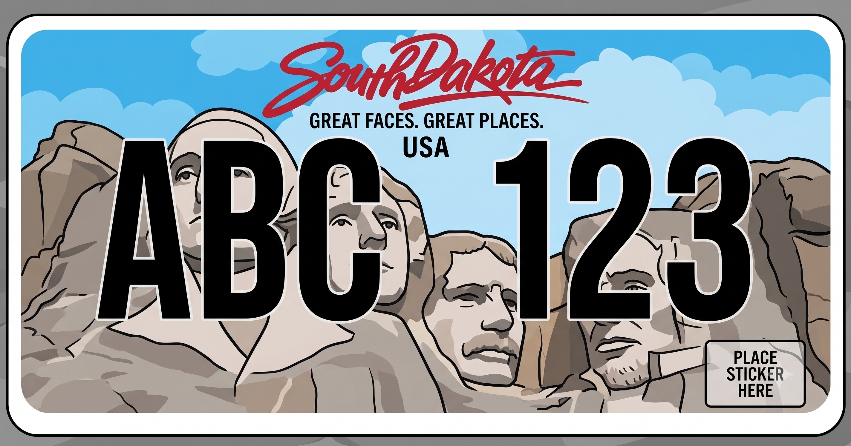 South Dakota current license plate: blue sky background with Mount Rushmore filling the lower three-quarters of the plate showing all four carved presidential faces in stone, South Dakota in bold red cursive script at the top center, Great Faces. Great Places. in black text below the state name followed by USA, and large bold black registration characters ABC 123 overlaid across the middle of the mountain