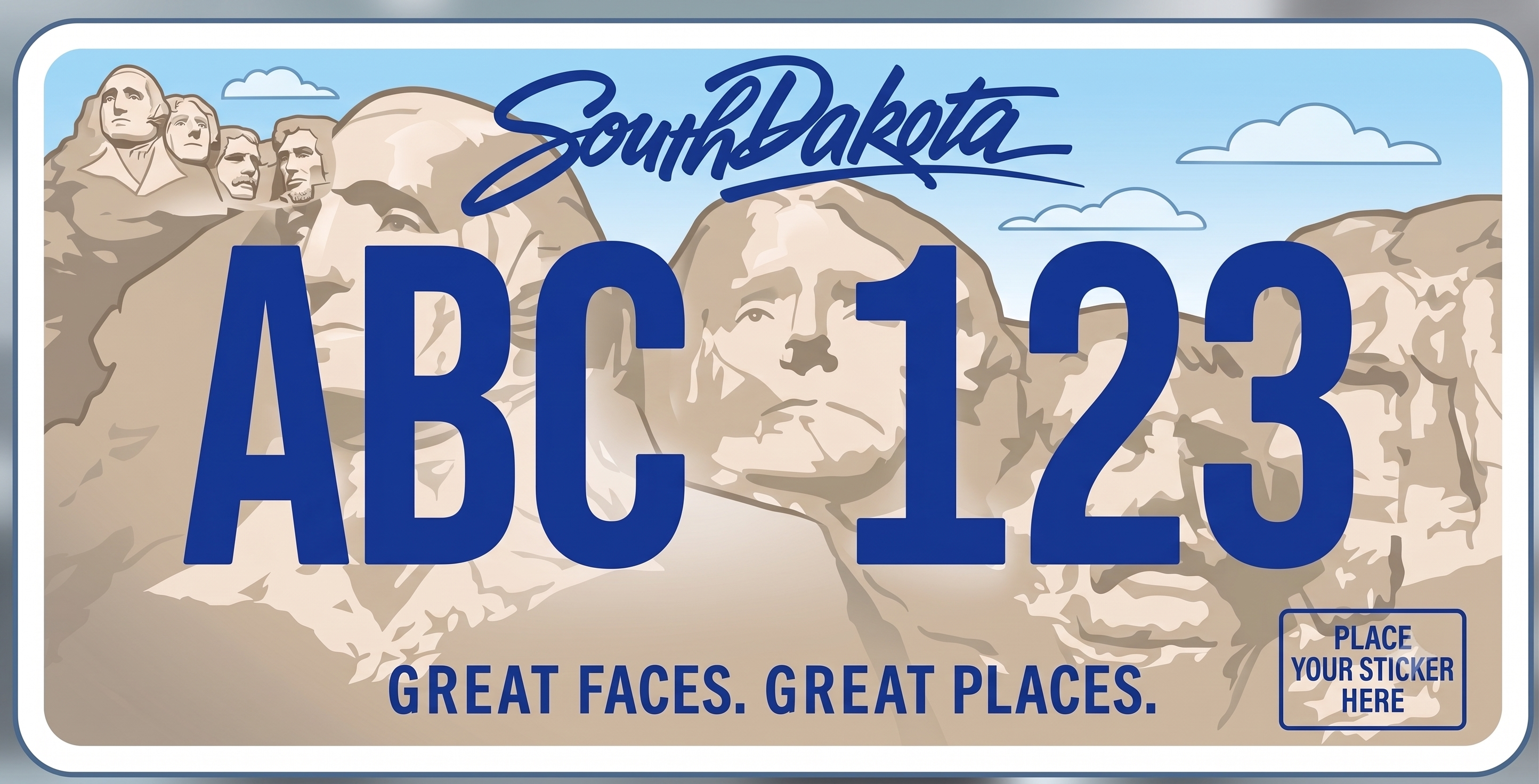 South Dakota previous license plate: light blue sky background with a muted tan and beige illustrated Mount Rushmore showing all four presidential faces, South Dakota in blue cursive script at the top, large bold blue registration characters ABC 123 overlaid across the mountain, and Great Faces. Great Places. in blue text along the bottom
