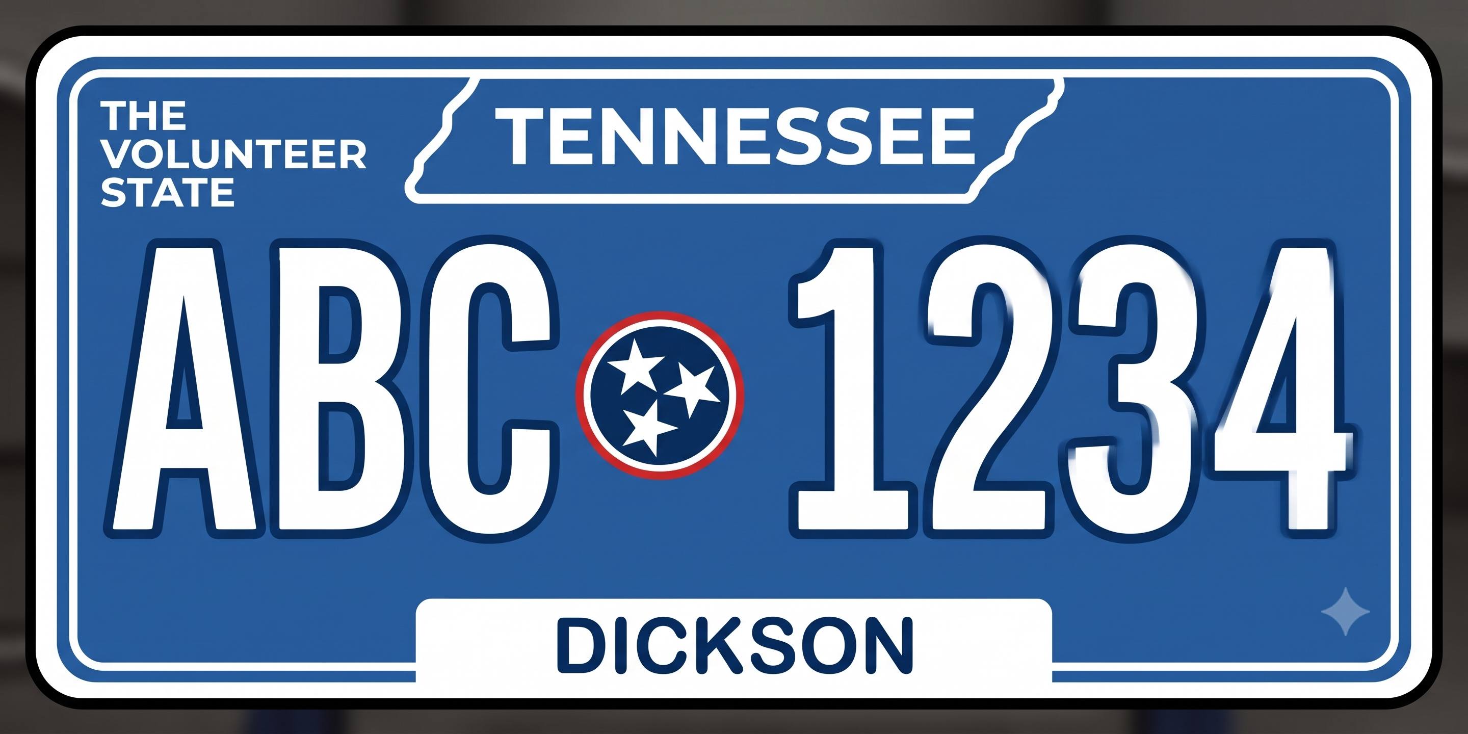 Tennessee current license plate: solid royal blue background with a white outline shape of Tennessee at the top center containing TENNESSEE in large white text, THE VOLUNTEER STATE in white text in the upper left, large bold white registration characters ABC and 1234 flanking a central Tennessee tristar symbol showing three white five-pointed stars arranged on a blue circle outlined in red, and a white banner along the bottom reading DICKSON in blue text