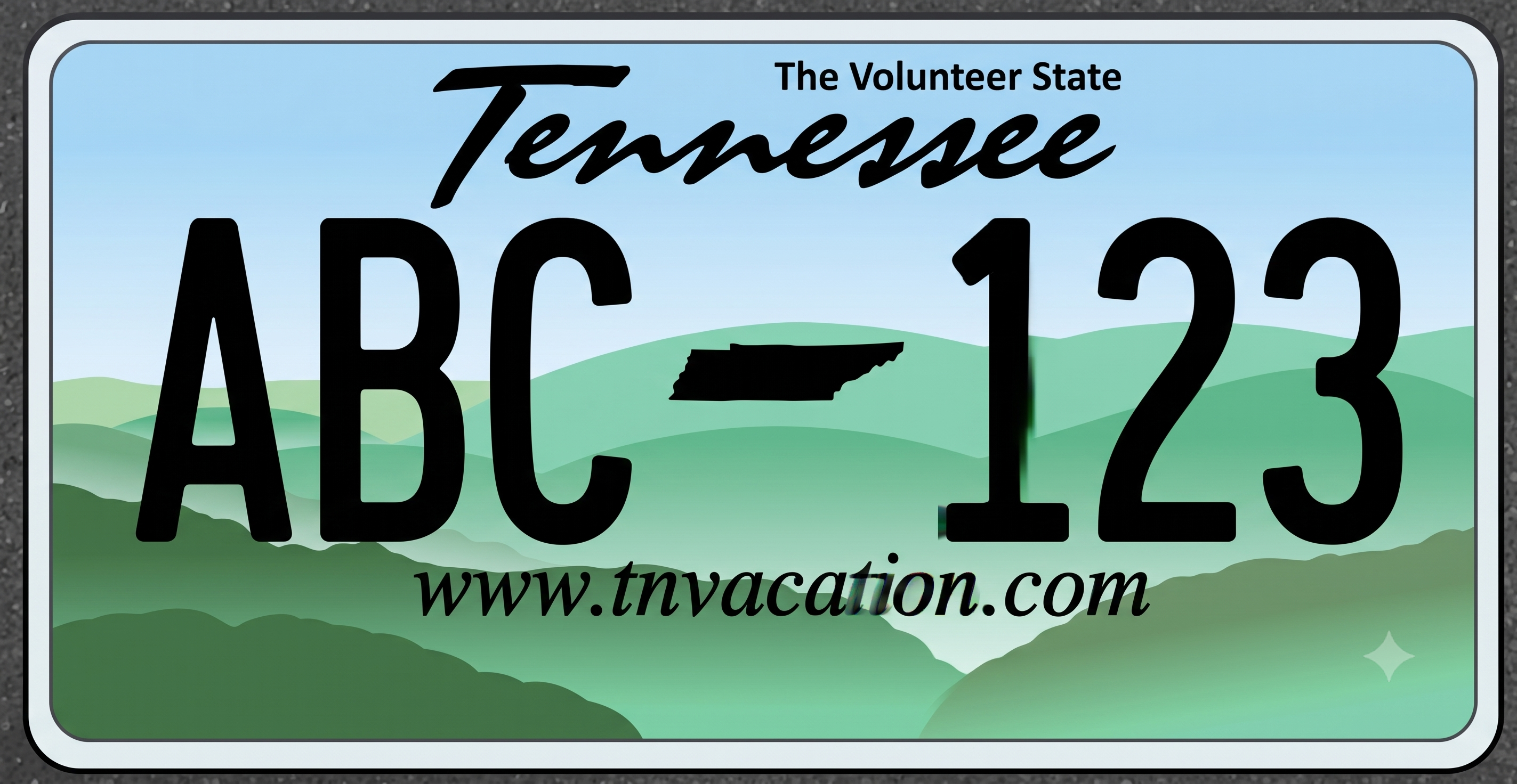 Tennessee previous license plate: light blue sky background fading into layered green rolling hills representing the Great Smoky Mountains, Tennessee in black cursive script at the top center, The Volunteer State in smaller black text at the upper right, large black registration characters ABC and 123 flanking a black silhouette of the state of Tennessee in the center, and www.tnvacation.com in black italic script along the bottom