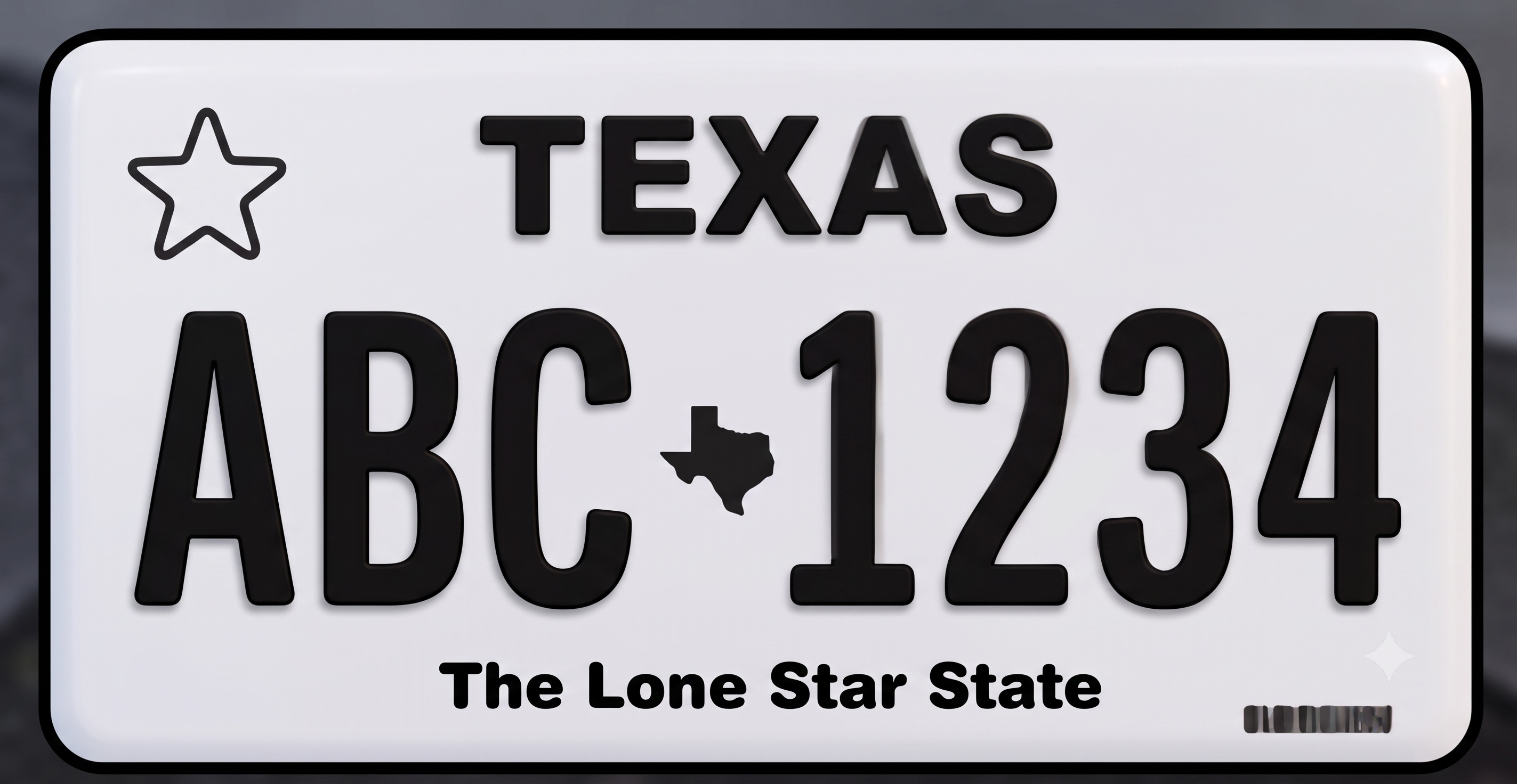 Texas current license plate: plain white background with a large outlined lone star in the upper left, TEXAS in very large bold black text at the top center, massive bold black registration characters ABC on the left and 1234 on the right, a small black silhouette of the state of Texas with a lone star between the letter and number groups, and The Lone Star State in bold black text along the bottom