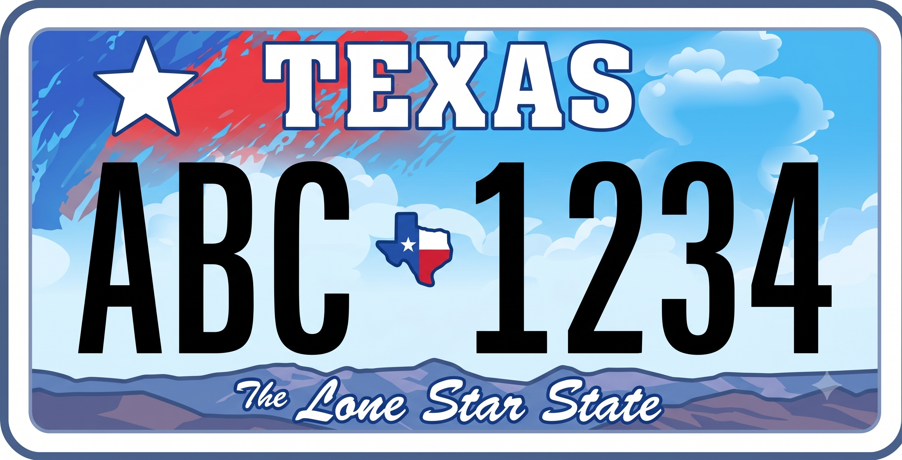 Texas previous license plate with blue border: scenic background showing a royal blue section in the upper left with a large white lone star, red and blue paint-splash stripes across the top evoking the Texas flag, and a bright blue sky with fluffy white clouds on the right; TEXAS in bold white text with blue outline at the top center; large bold black registration characters ABC and 1234 flanking a small Texas-flag-colored state silhouette in the center; stylized purple and mauve mountains along the bottom with The Lone Star State in white script text