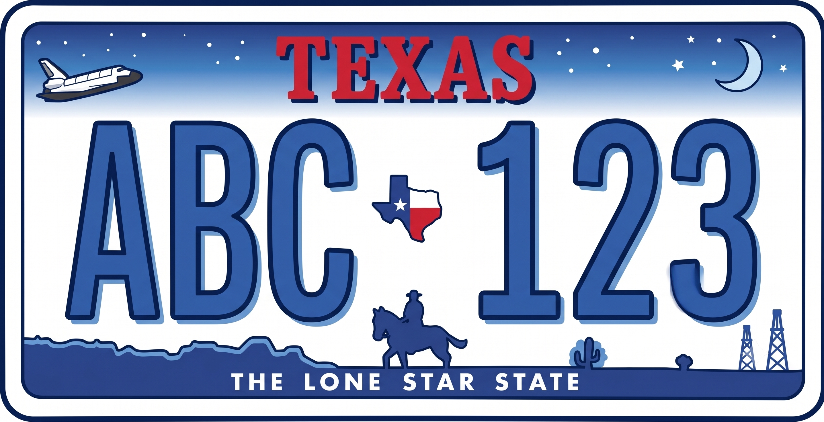 Texas previous license plate with blue border: deep blue sky background that lightens to white toward the center, TEXAS in large bold red letters with dark blue outline at the top center, large blue registration characters ABC and 123 with darker blue shadow flanking a small Texas-flag-colored state silhouette, a white space shuttle in the upper left corner, a white crescent moon and stars in the upper right corner, and a solid blue bottom band with a panoramic silhouette scene of a cowboy on horseback, a cactus, an oil derrick, and rolling terrain above white block text reading THE LONE STAR STATE