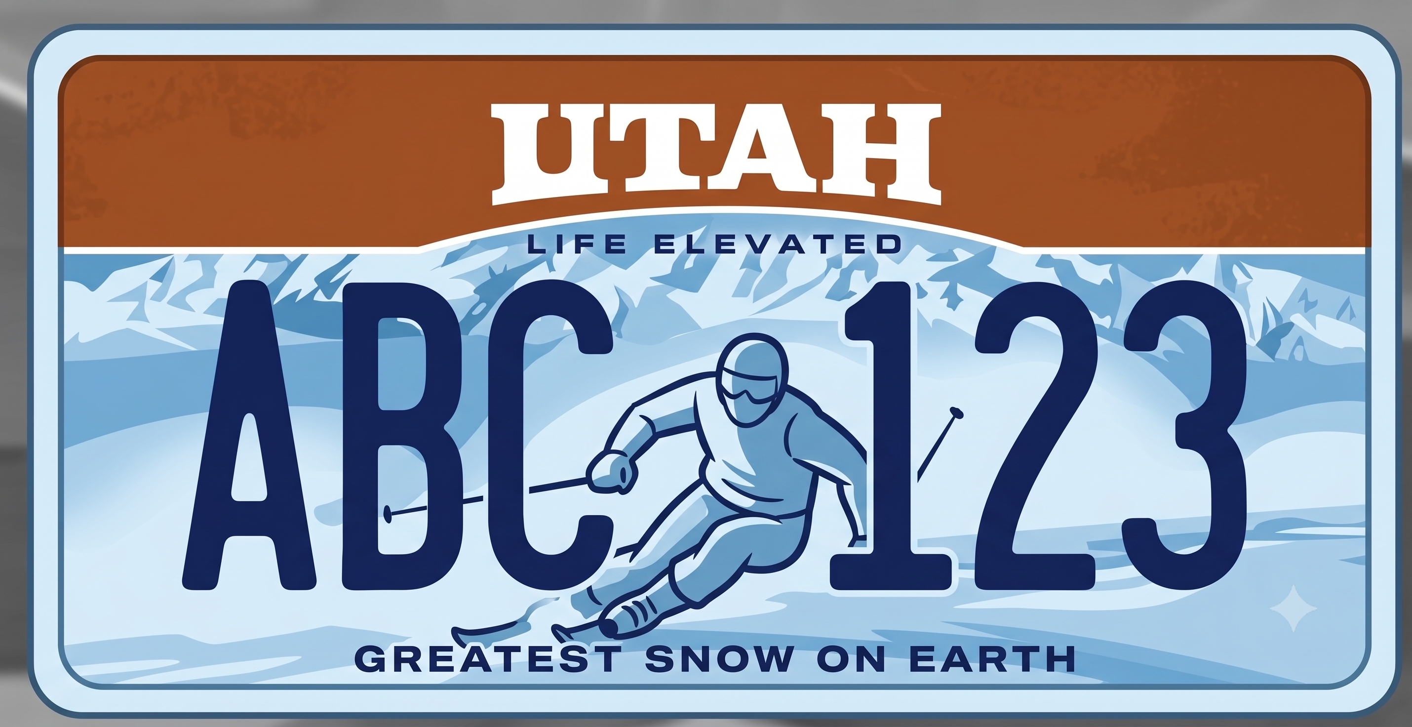 Utah Greatest Snow on Earth ski plate: rust-orange header band with UTAH in white block letters, Life Elevated tagline below, a downhill skier illustration centered on a blue snowy mountain background, dark navy plate numbers, and Greatest Snow on Earth in navy at the bottom