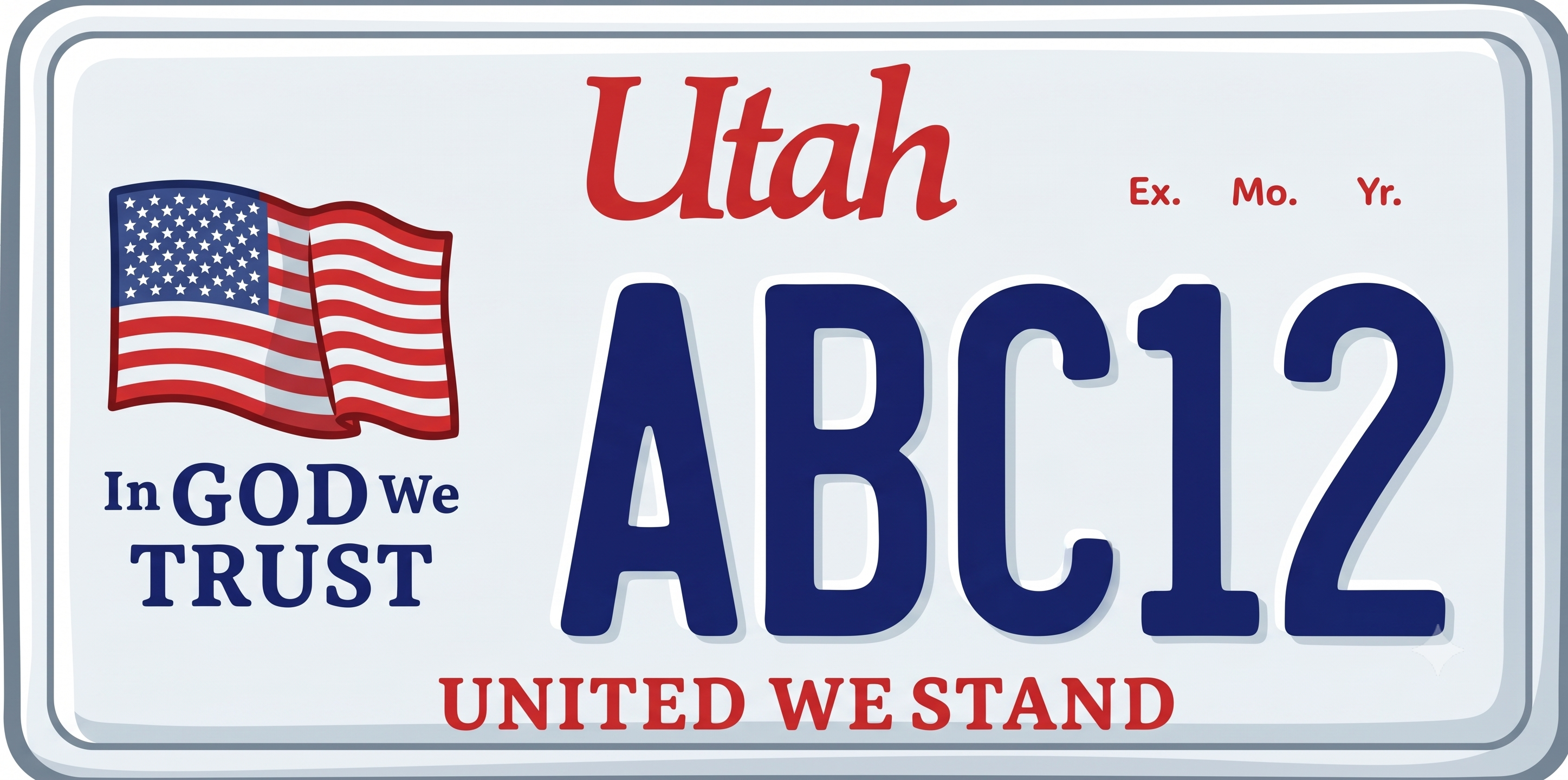 Utah United We Stand patriotic plate: light gray background, Utah in red script at top center, an American flag on the left with In God We Trust beneath it, large dark navy plate numbers on the right, and United We Stand in red along the bottom