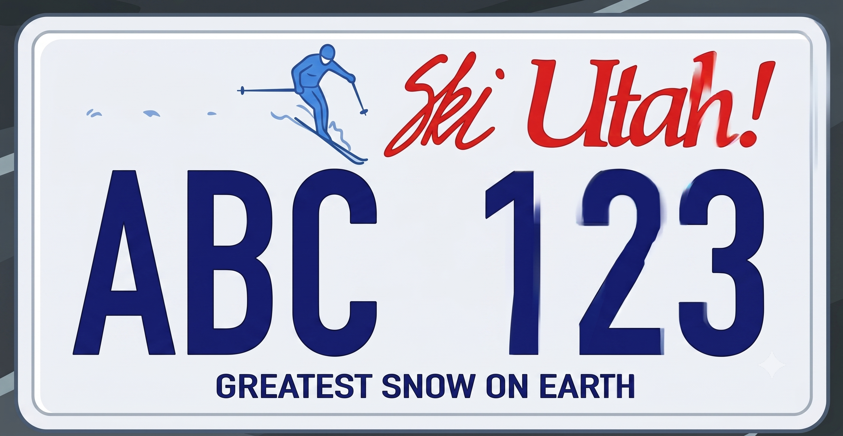 Utah Ski Utah previous plate: white background, a small blue skier silhouette and Ski Utah in red italic script at the top, dark navy plate numbers in the center, and Greatest Snow on Earth in navy along the bottom