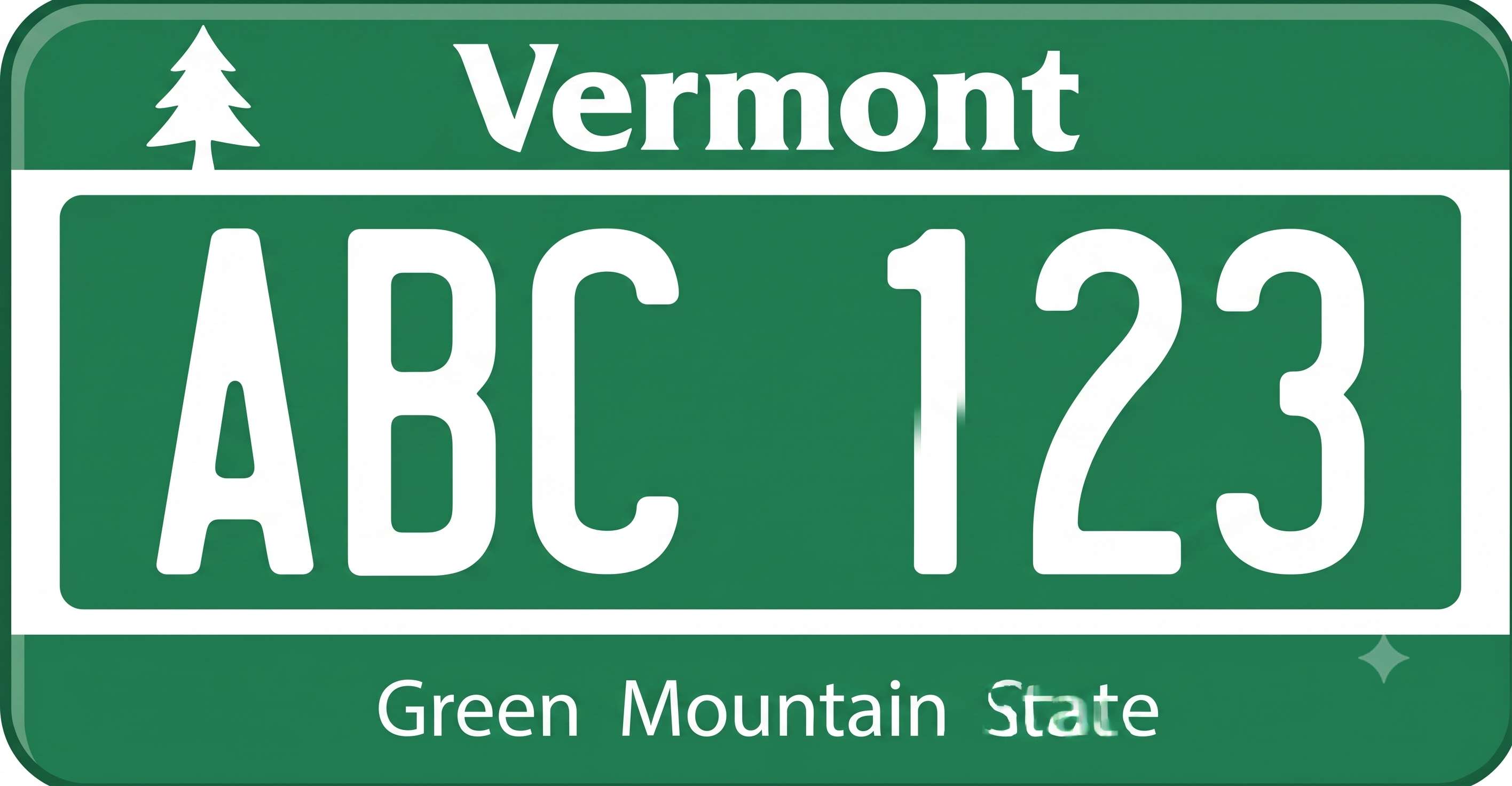 Vermont Green Mountain State plate: dark forest-green background throughout, a white pine tree silhouette in the upper left corner, Vermont in large white bold lettering across the top, large white plate numbers centered inside a white-bordered inner rectangle, and Green Mountain State in white text along the bottom