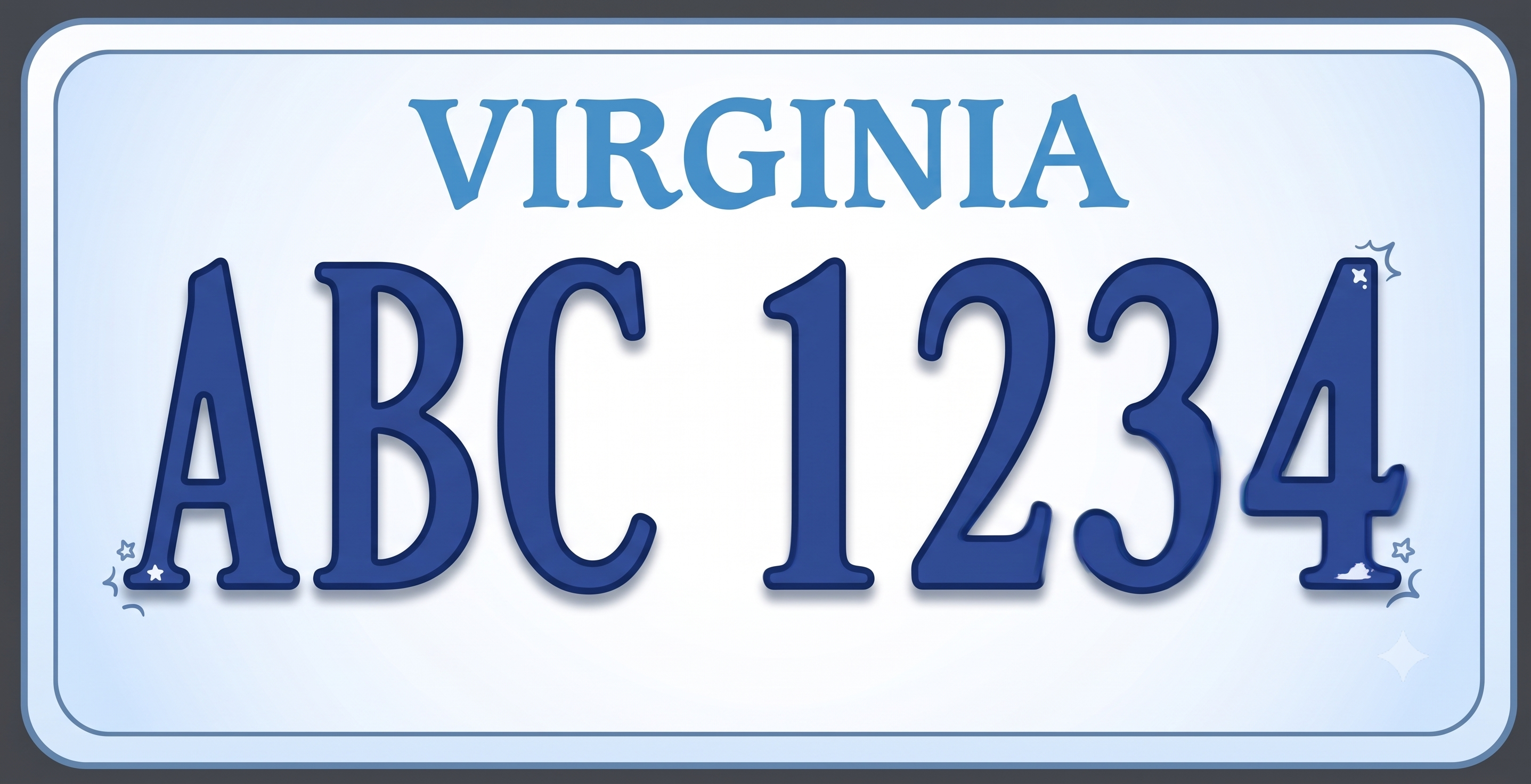 Virginia current standard plate: white background with a powder-blue gradient border, VIRGINIA in bold steel-blue letters across the top, large dark navy blue alphanumeric characters ABC 1234 centered on the plate, and small blue star decorations in each corner