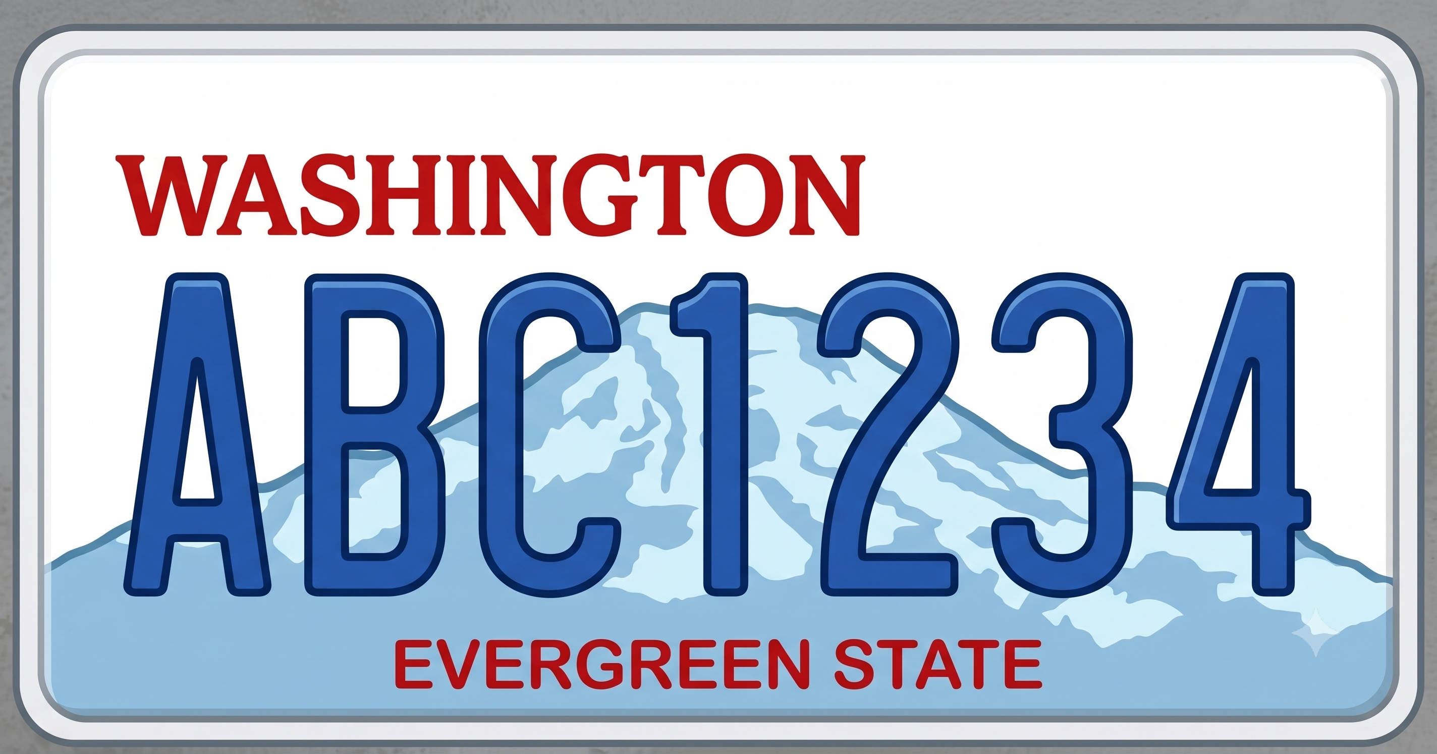 Washington current standard plate: white background with a rounded gray border, WASHINGTON in bold red letters across the top, large dark navy-blue alphanumeric characters ABC1234 centered on the plate over a light-blue Mount Rainier mountain silhouette, and EVERGREEN STATE in red letters along the bottom
