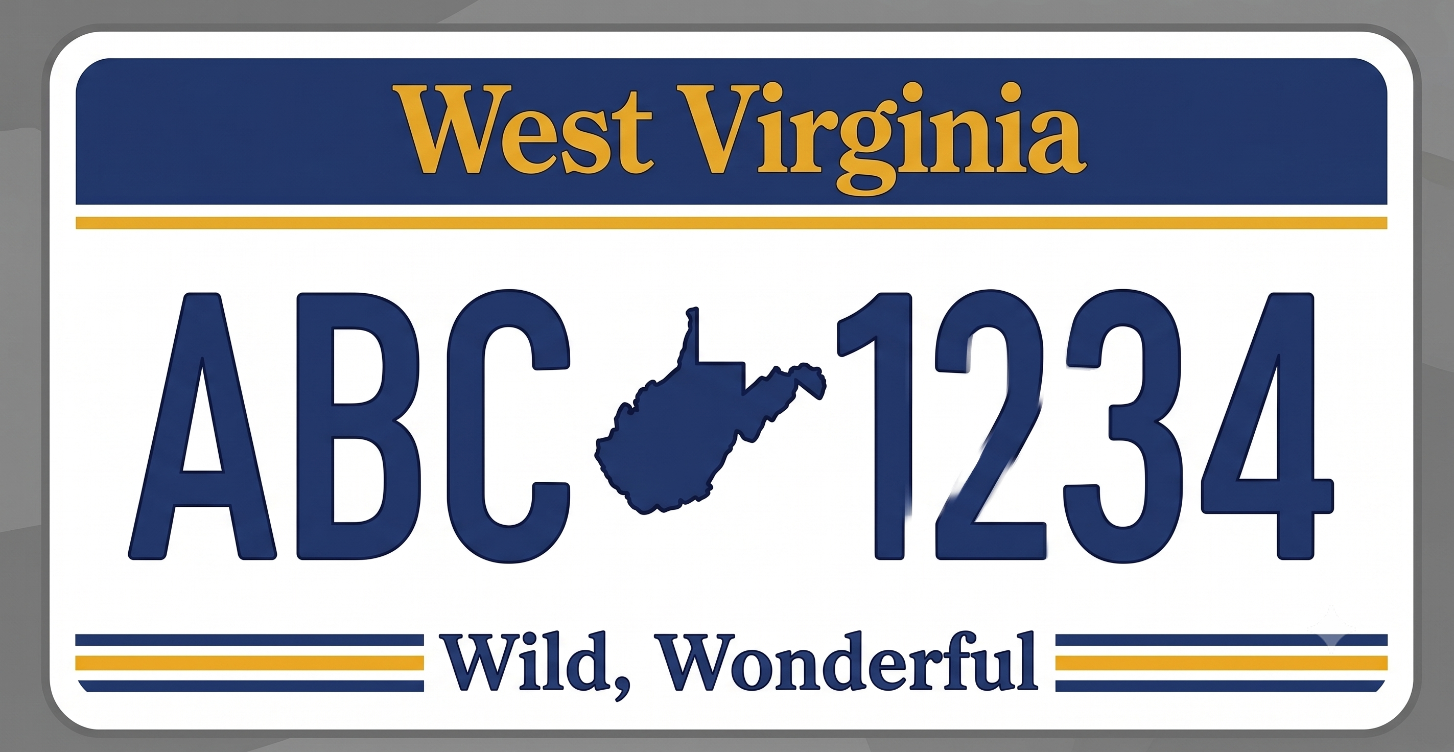West Virginia current standard plate: dark navy blue header bar with West Virginia in gold lettering, a thin gold stripe below the header, white main body with large dark navy ABC 1234 characters flanking a navy silhouette of the state's outline, and a bottom band of blue and gold horizontal stripes surrounding Wild Wonderful in dark navy text