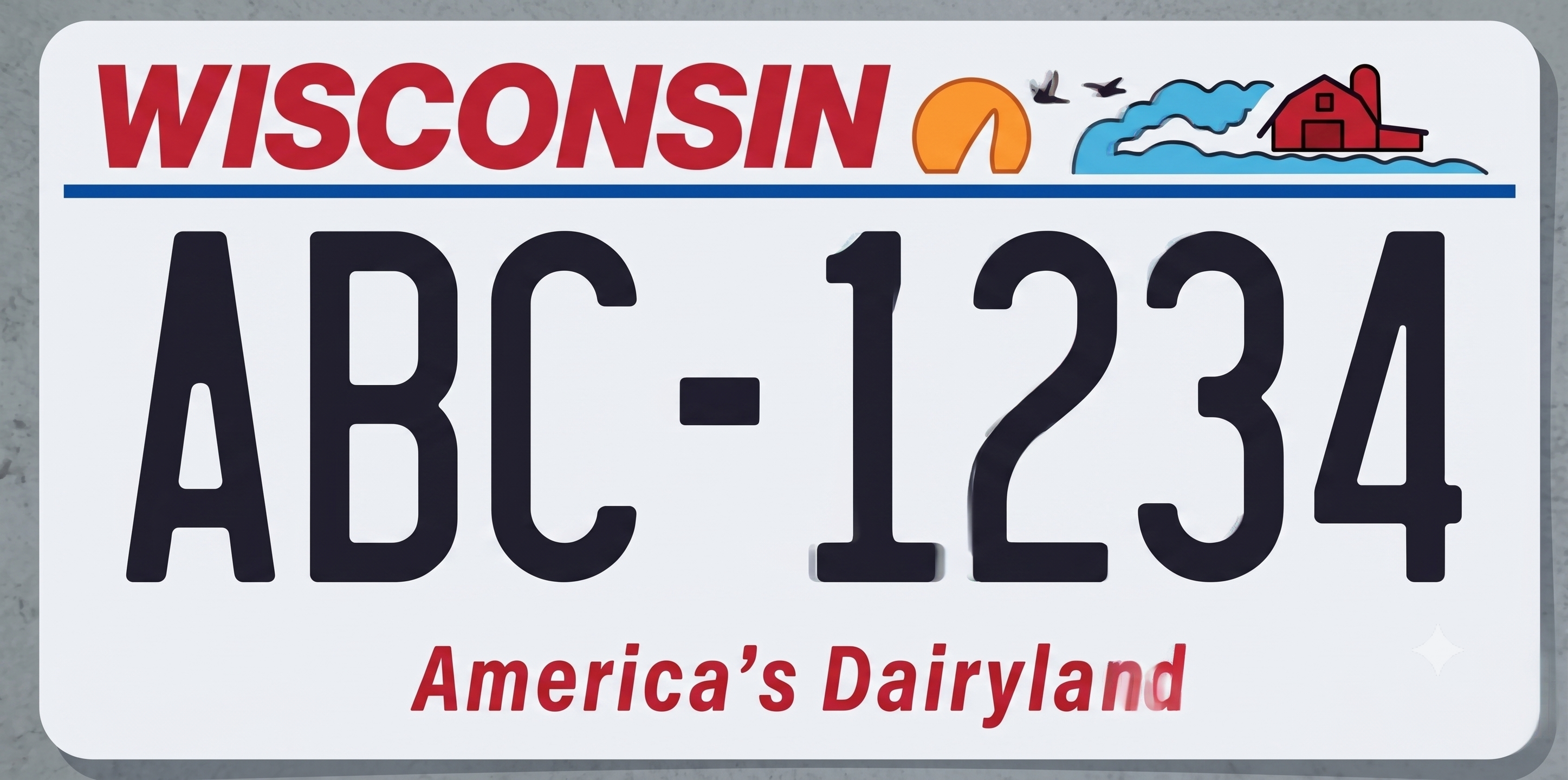 Wisconsin current standard plate: white background with WISCONSIN in large bold red letters across the top left, a small scenic vignette at upper right showing an orange rising sun above blue waves with two seagulls in flight and a red barn, a dark navy blue horizontal stripe dividing the header from the main field, very large bold dark navy ABC-1234 registration characters centered in the white main field, and America's Dairyland in red italic text along the bottom