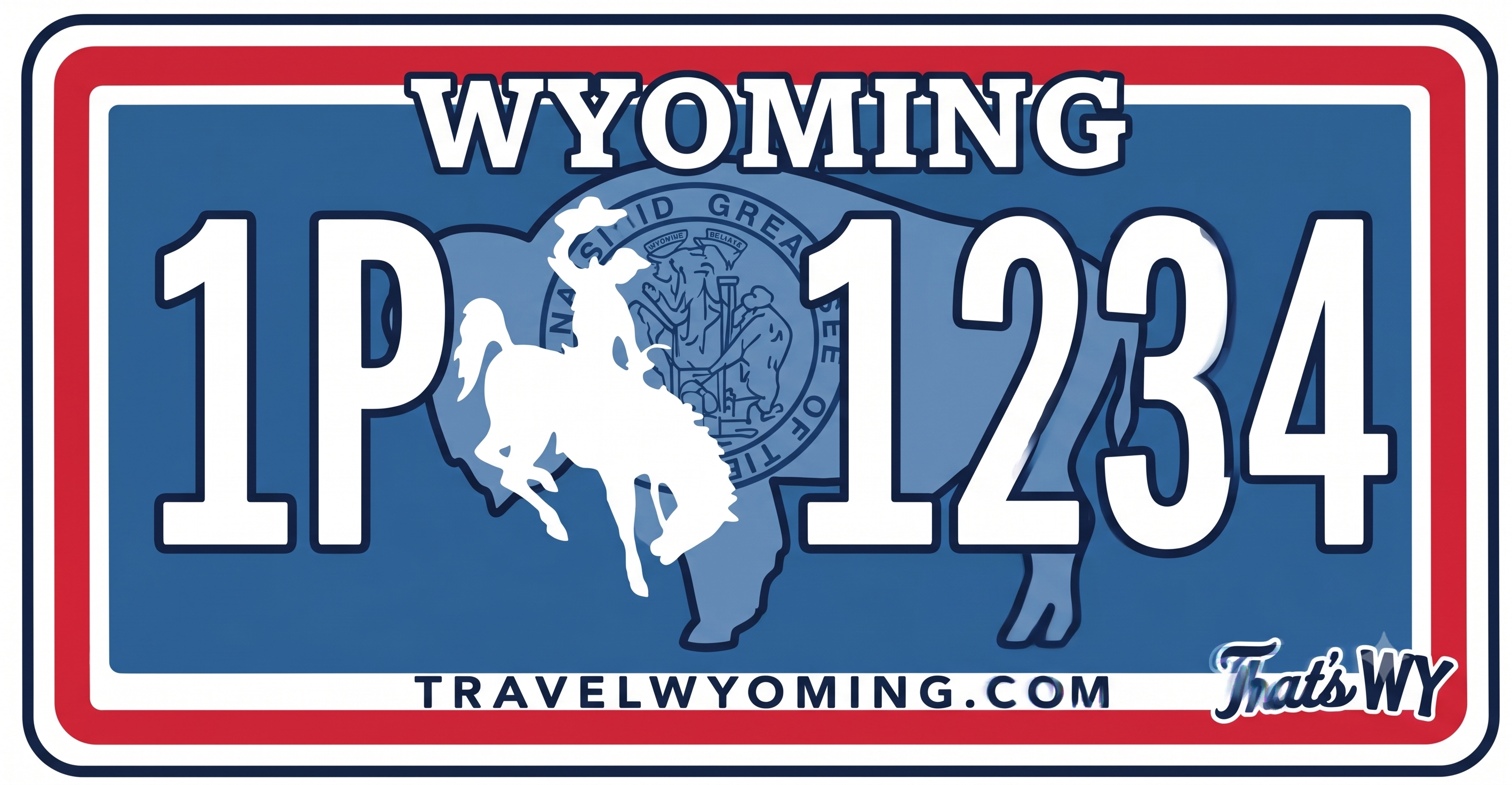 Wyoming current plate: blue background with bold red and white border, WYOMING in large white block letters across the top, oversized white registration characters flanking a centered white bucking bronco and rider silhouette overlaid on a blue bison silhouette with the state seal, TRAVELWYOMING.COM along the bottom, and That's WY script in the lower right