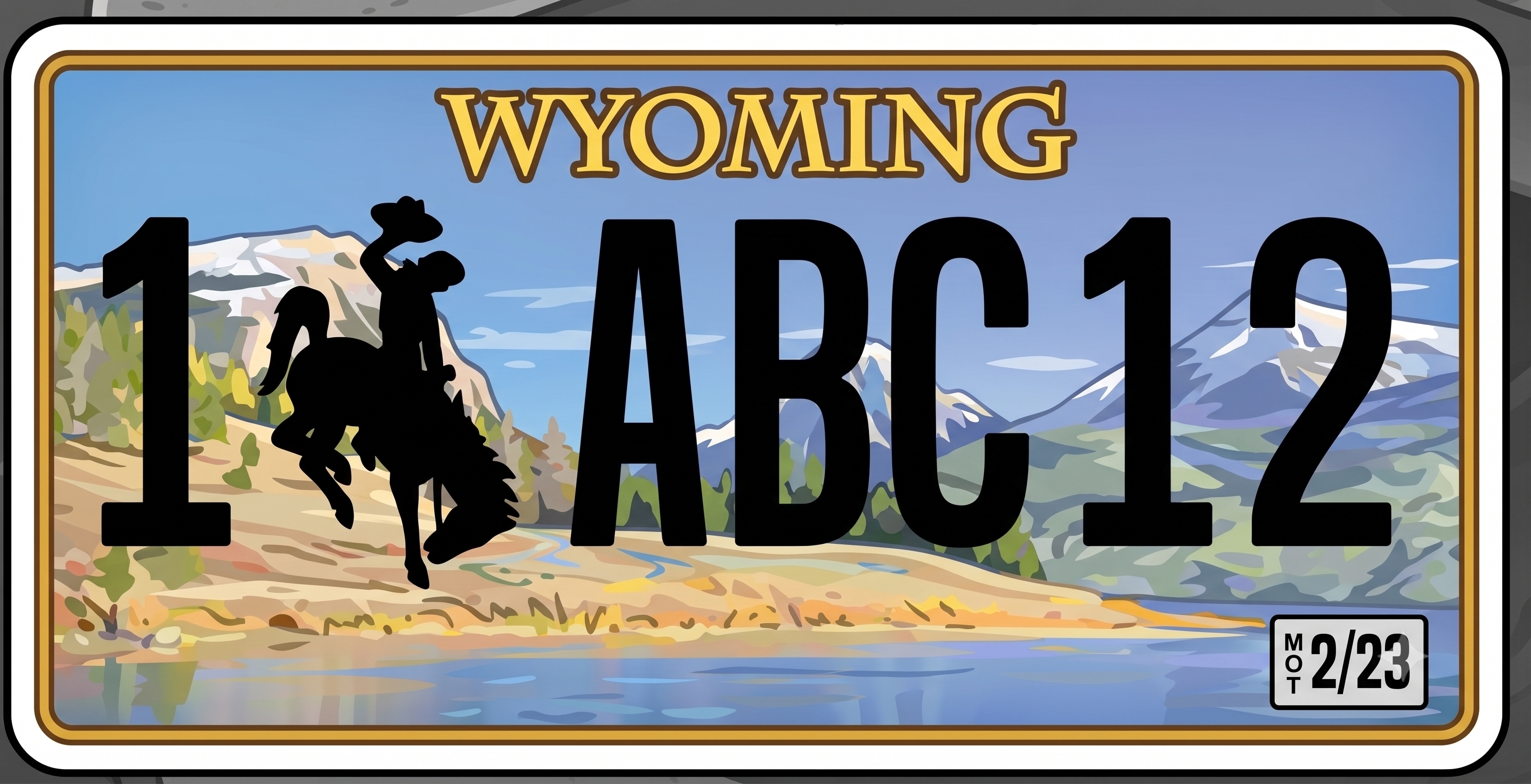 Wyoming previous plate: scenic landscape background with snow-capped mountains, a river, and green trees under a blue sky, WYOMING in gold lettering along the top, large black registration characters with a black bucking bronco and rider silhouette at center-left, gold border around the plate, and a small expiration sticker in the lower right